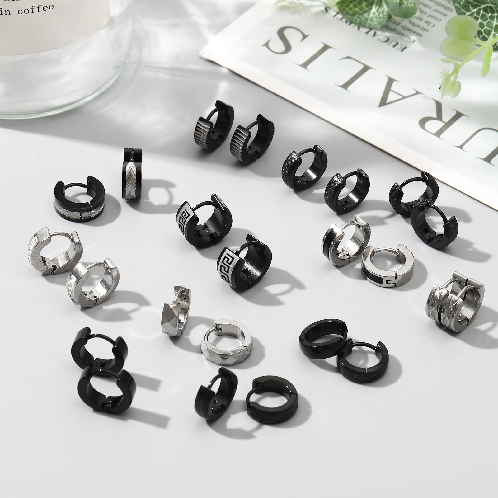 12 Pairs Stainless Steel Hoop Earrings for Men Hypoallergenic Earring Unisex Earring Black Silver Hoop Earrings for Women Men