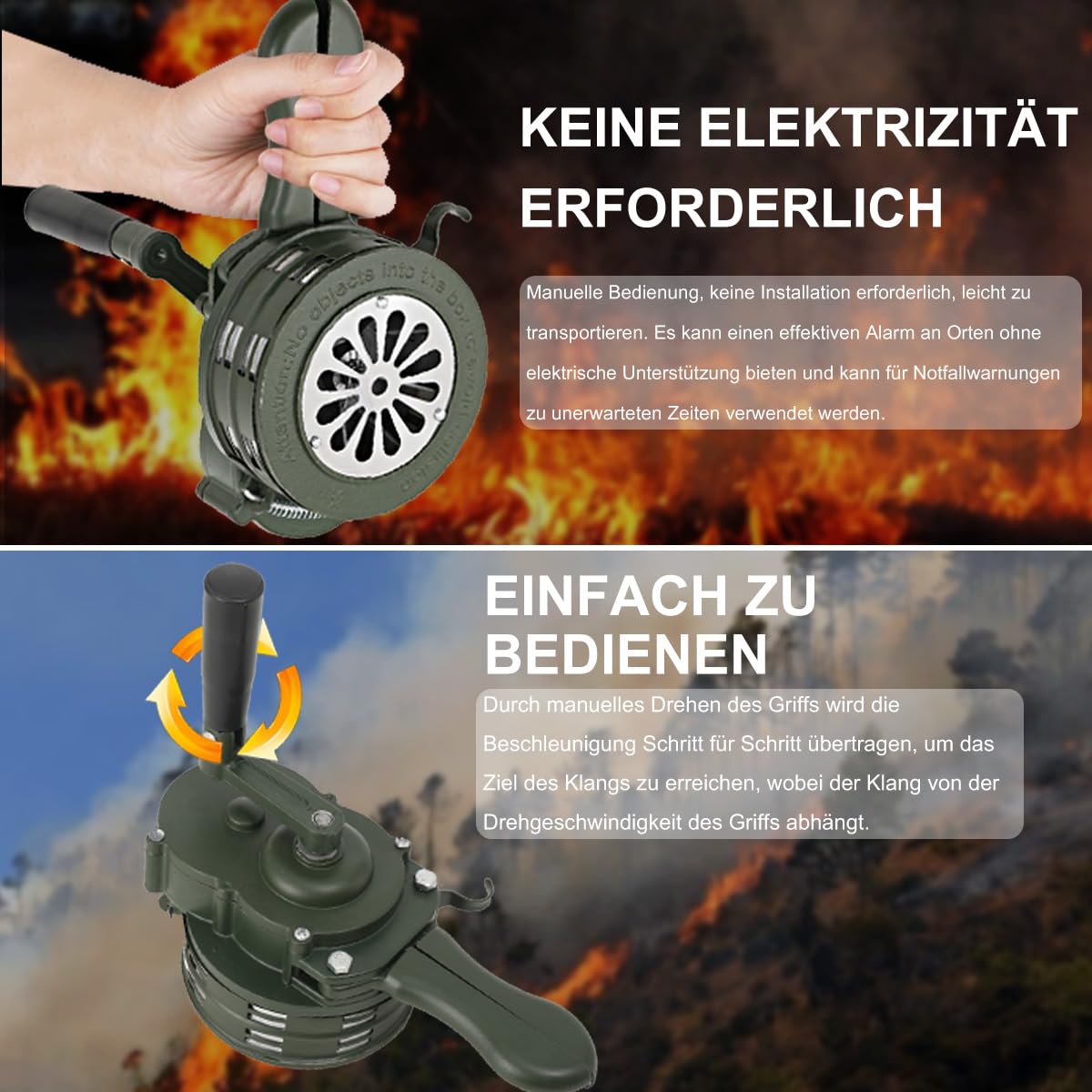 110dB Handsirene Aluminiumgehäuse Sirene, Tragbarer Handkurbel-Alarm | Einklappbar Alarmsirene Manuell Betriebenes Sirenen für Feueralarm den Heim,Grün