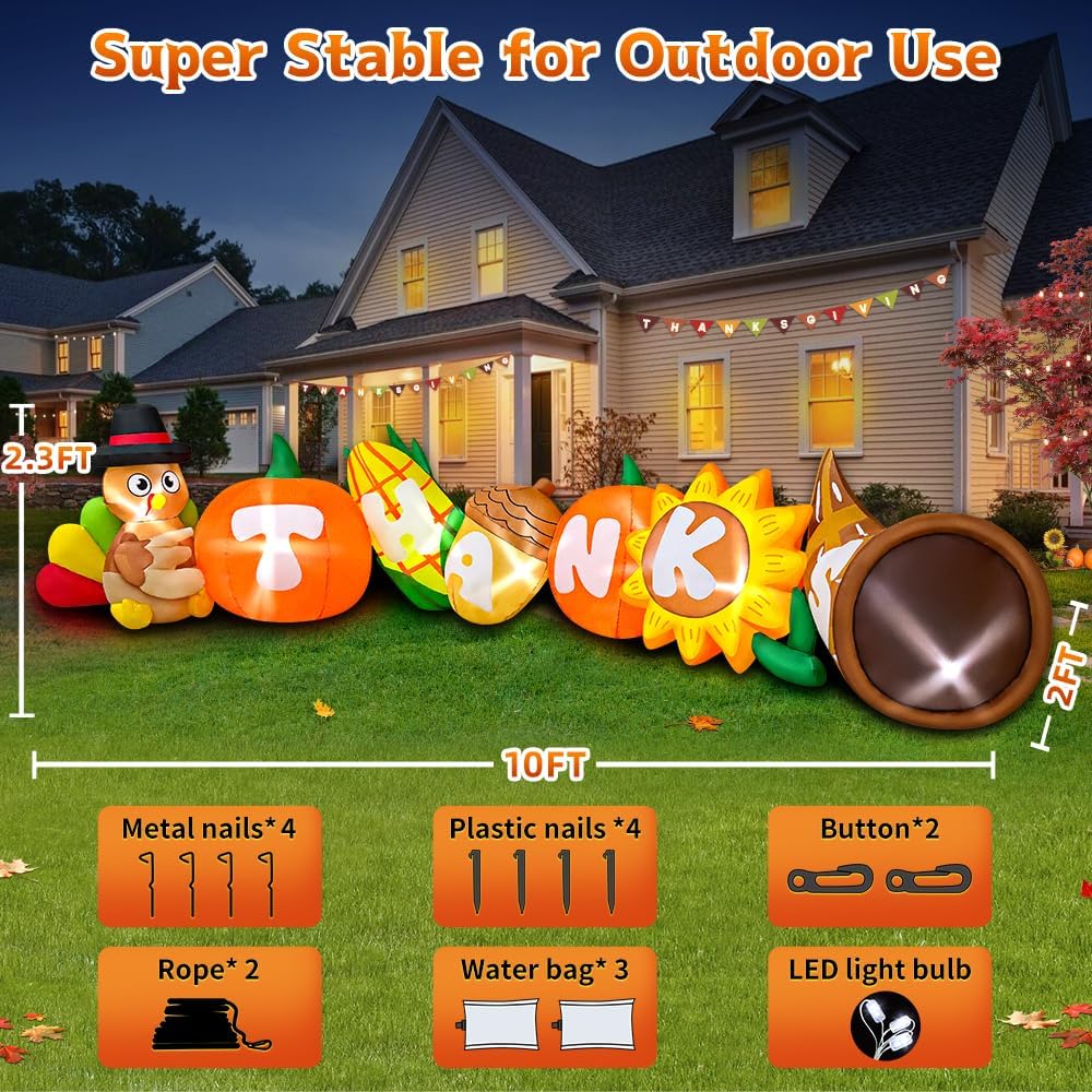 KOOY 10FT Thanksgiving Inflatables Decorations Blow Up Turkey Corn Vegetables with LED Lights for Fall Autumns Harvest Happy Thanksgiving Festival Outside Indoor Outdoor Lawn Holiday Décor