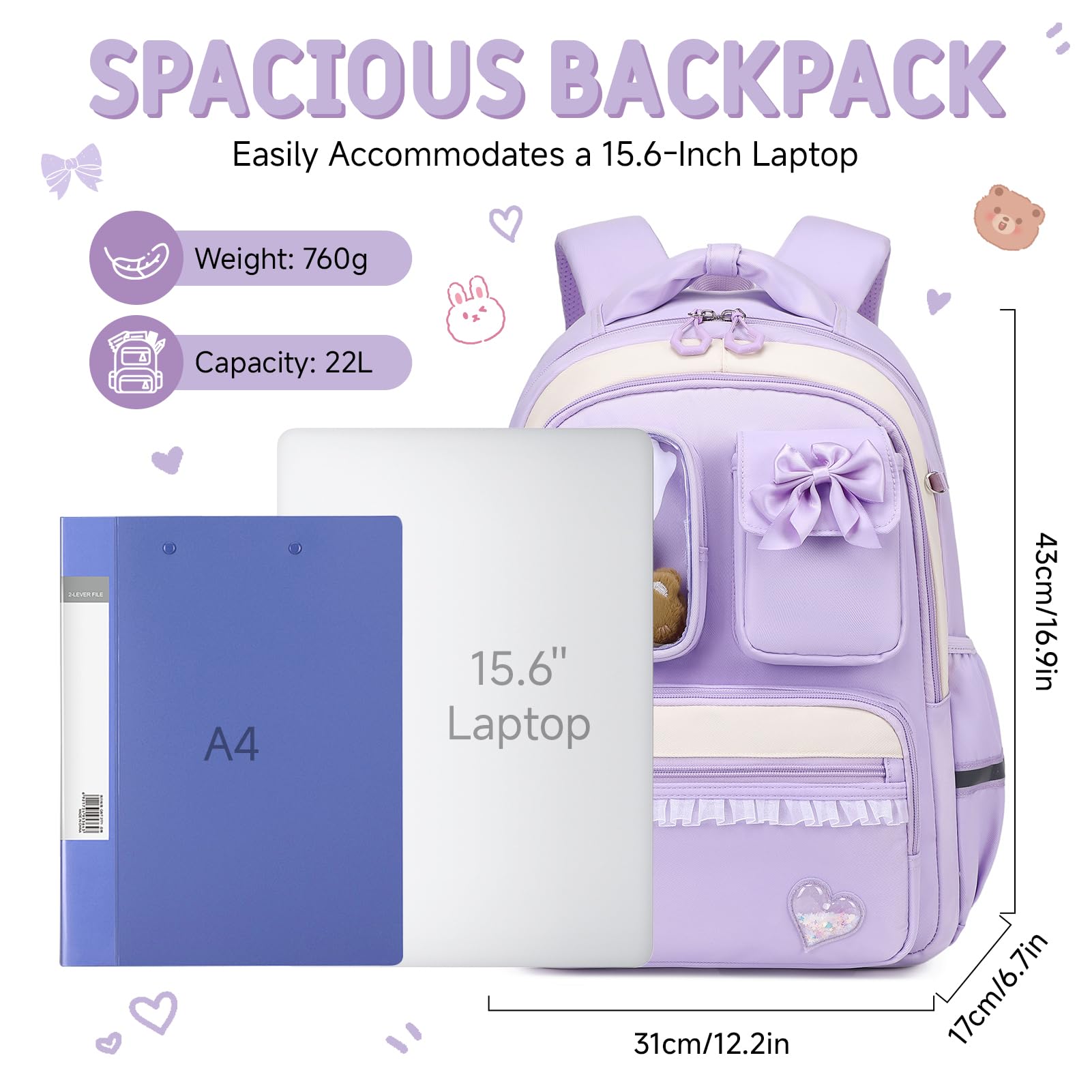 Amythe Schultasche Mädchen Rucksack Kinder, 4-teilig Schulrucksack-Set Atmungsaktiv für Mädchen, Lässiger Schulranzen mit Lunchpaket Mäppchen und Umhängetasche, Lila
