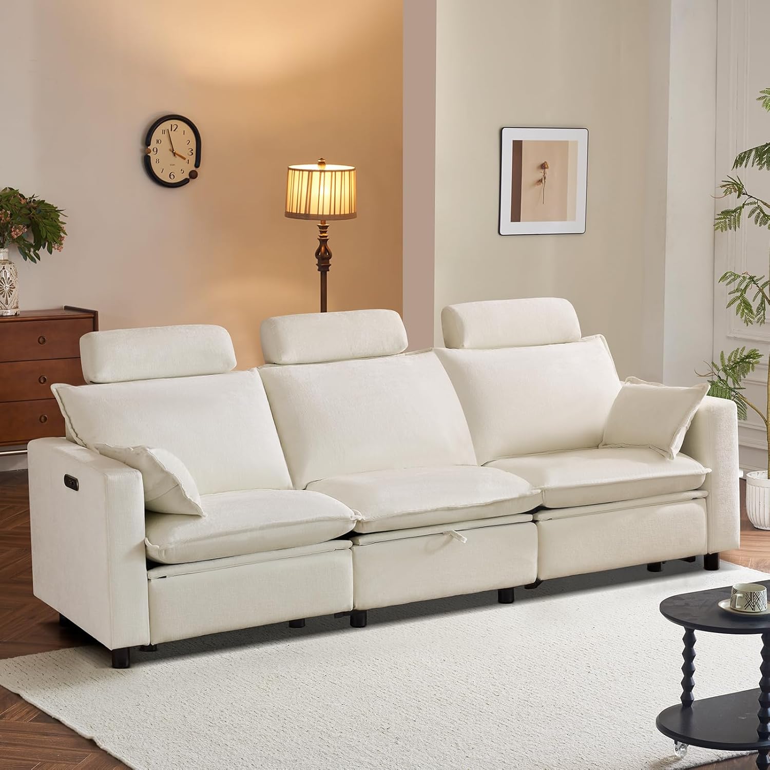 Comfy Cloud Couch – Chenille Electric Reclining Sofa with Adjustable Headrest, Modern Power Recliner with Middle Storage, Deep Seat Sofa with Throw Pillows for Living Room (Cream)