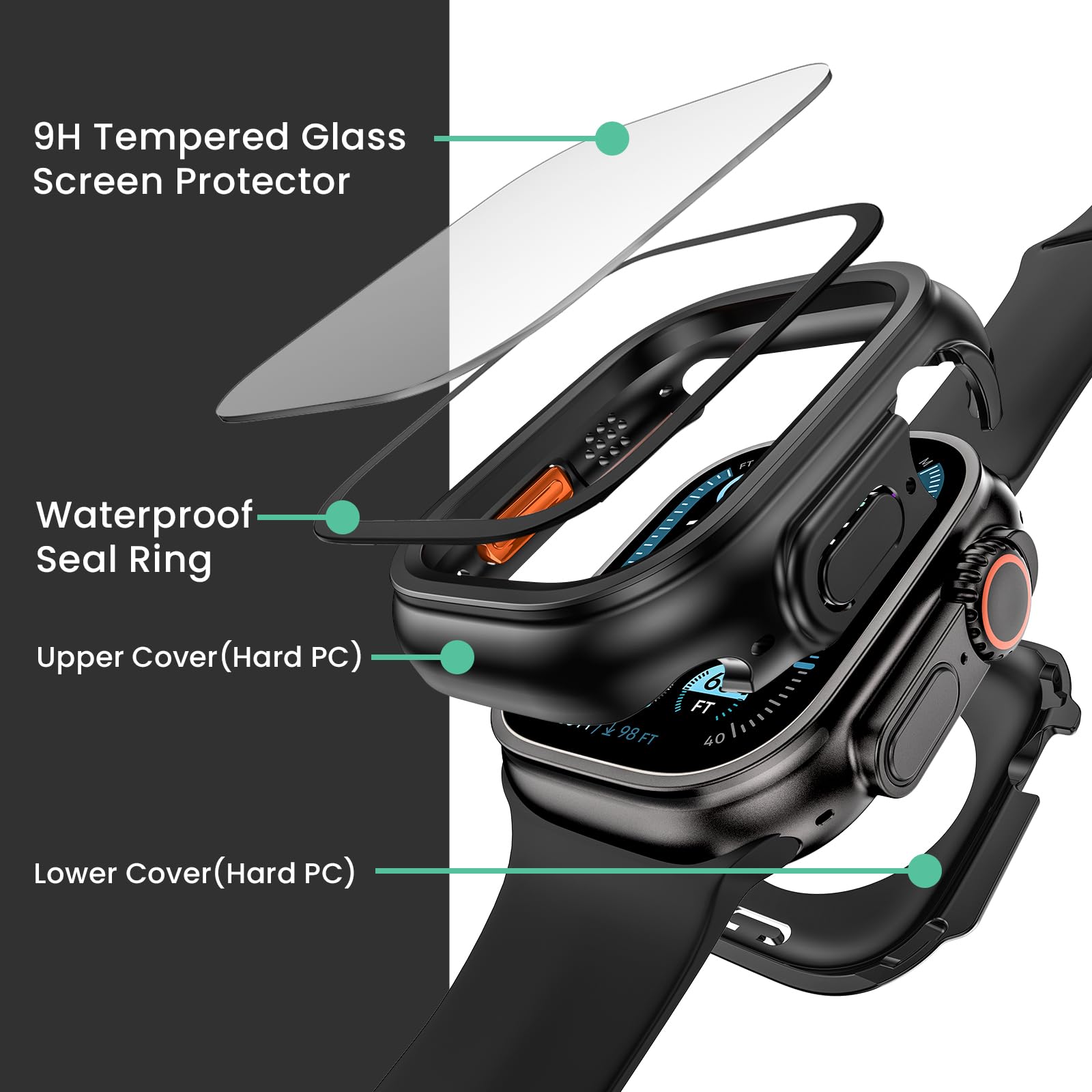 [2 w 1] Wodoodporne etui Goton do Apple Watch Series 10, 9, 8, 7, SE2, SE, 6, 5, 4, Ultra, 2, Ultra, 46 mm, 42 mm, 45 mm, 44 mm, 41 mm, 40 mm, 49 mm, twardy PC 360° z osłoną ekranu do akcesoriów do