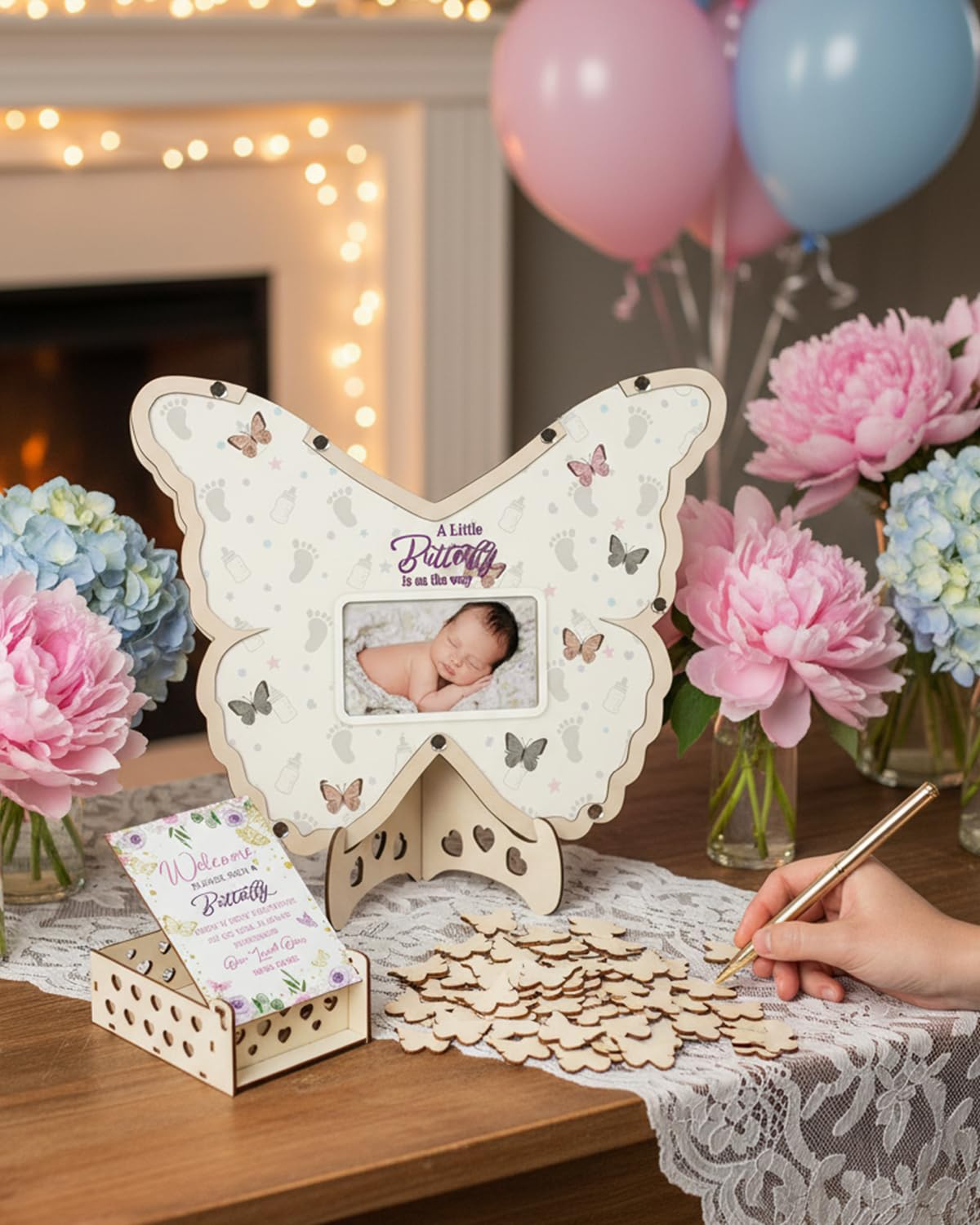 63 pezzi Farfalla Baby Shower Guest Book Alternative Set Decorazioni Baby Shower con Cornice Fotografica Sonogramma Cornice Ricordo 60 Fette di Legno Libro degli ospiti per Compleanno