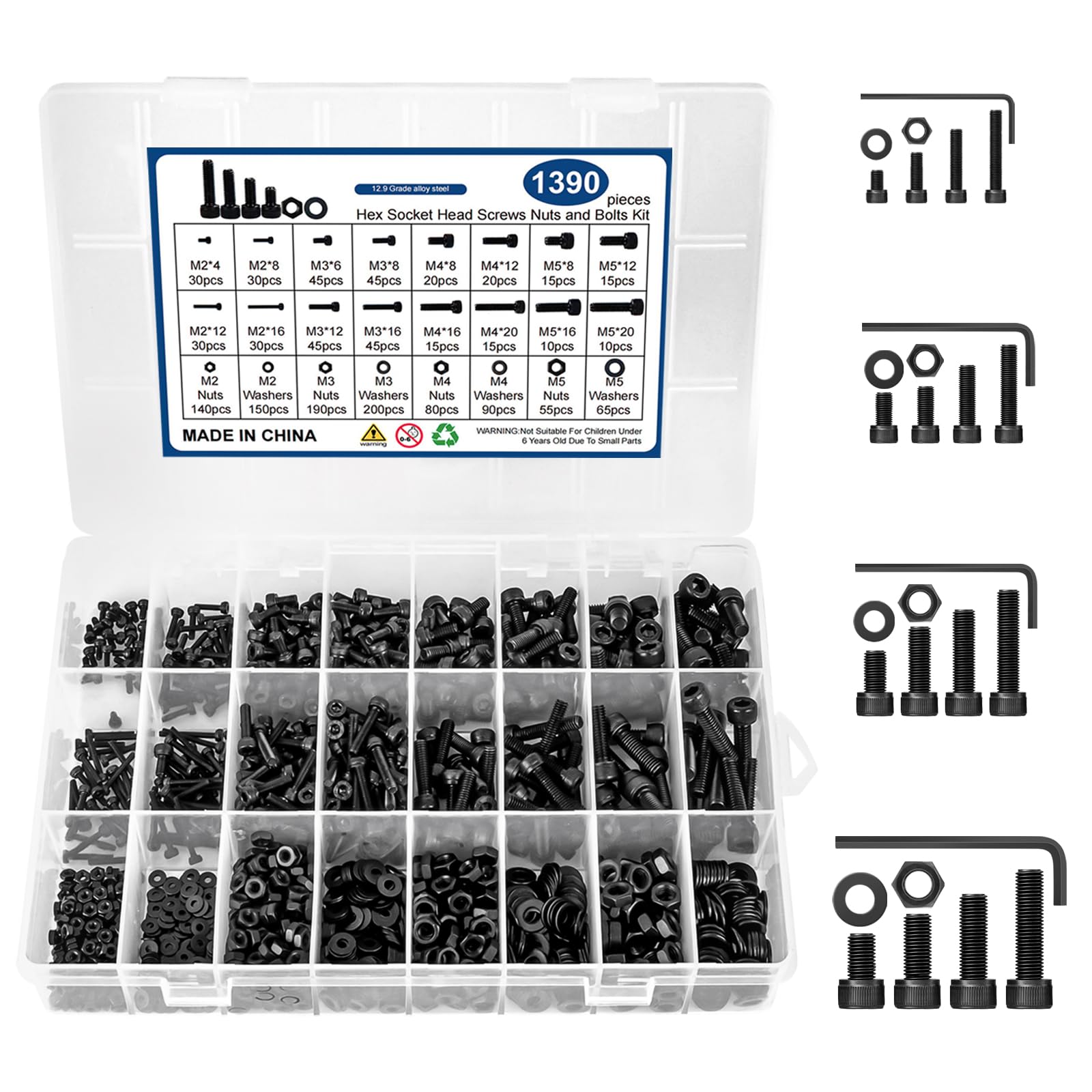 1390 Pcs M2 M3 M4 M5 Metric Screw Assortment, Grade 12.9 Alloy Steel Hex Socket Head Cap Nuts Bolts Washers Kit, Black Zinc Plated and Anti Rust