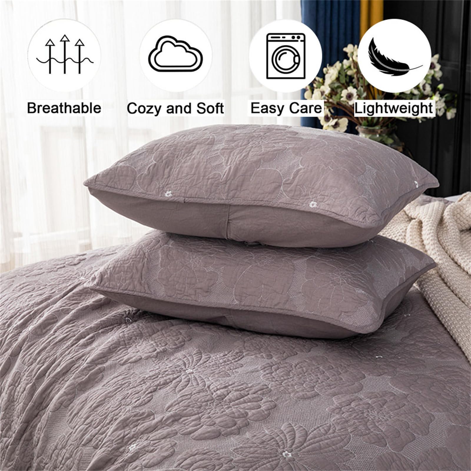 Odot Colcha Verano para Cama 230/250, Colcha Bouti Fina con 2 Fundas de Almohada Colcha Acolchado Ligera Suave para Colcha Cubre Cama Multiusos (250 * 270+50 * 70cm,Gris-marrón)