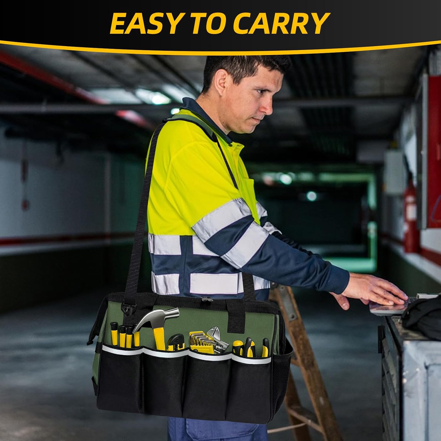 Tool Bag, Portable Tool Box Organizer Adjustable Shoulder Strap, Carry Tool Tote Heavy Duty Tool Storage Bag With Wide Mouth,Tool Bags for Men Mechanic EngineerGift - L, Army Green & Black - Image 7