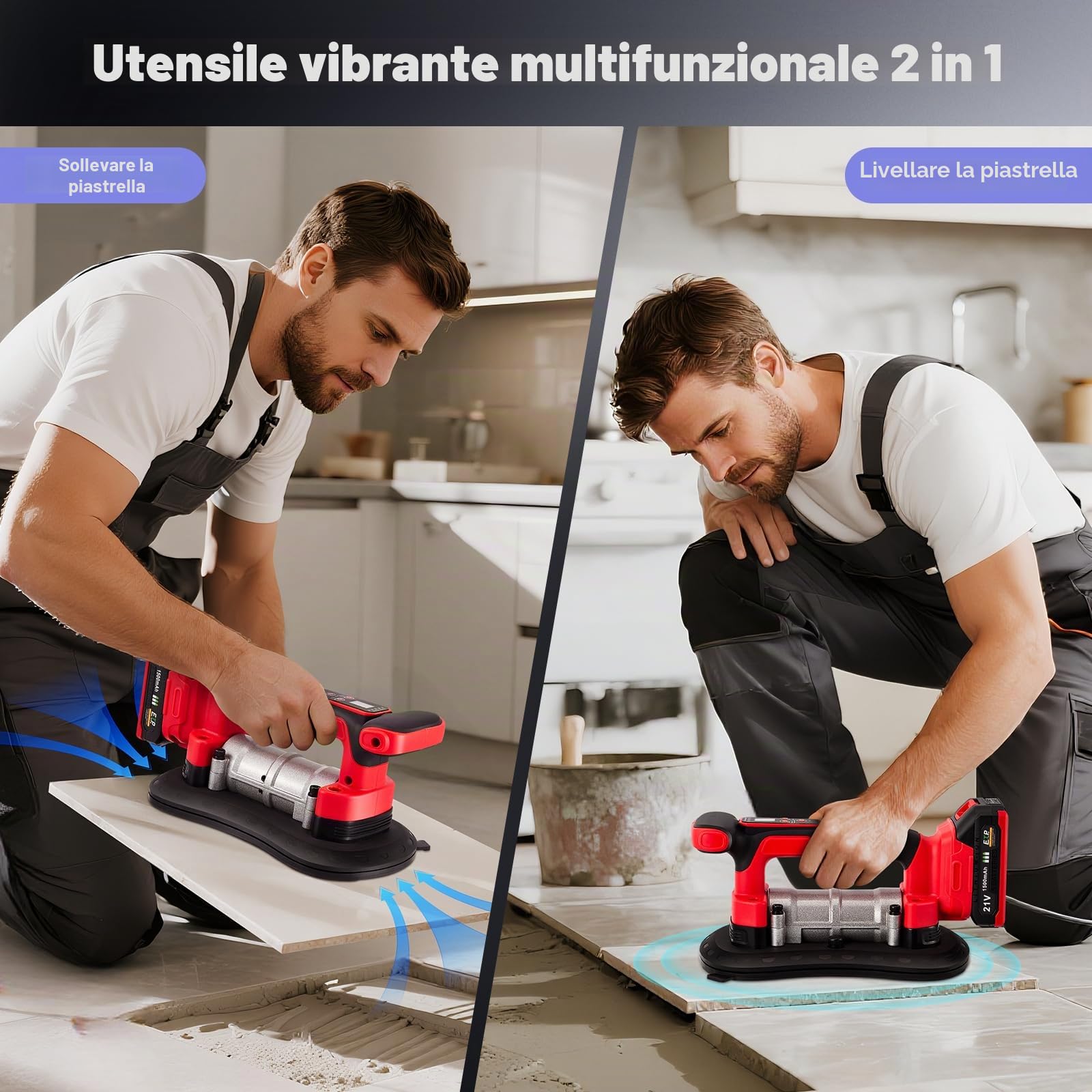 Vibratore per piastrelle e ventose a batteria 2 in 1 con leva, 9 livelli, 285 x 150 mm, ventosa 200 kg, adsorbimento per piastrelle di grandi dimensioni da parete e pavimento