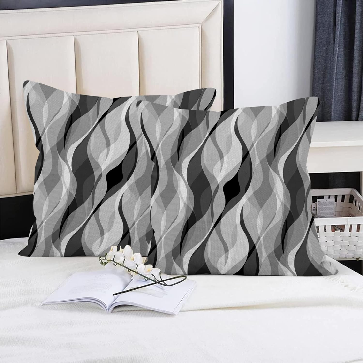 Black and Grey Pillow Covers 20x20 Inch, Modern Grey Striped Throw Pillow Covers Square Cotton Linen Couch Pillow Cases, Set of 4 (No Inserts)