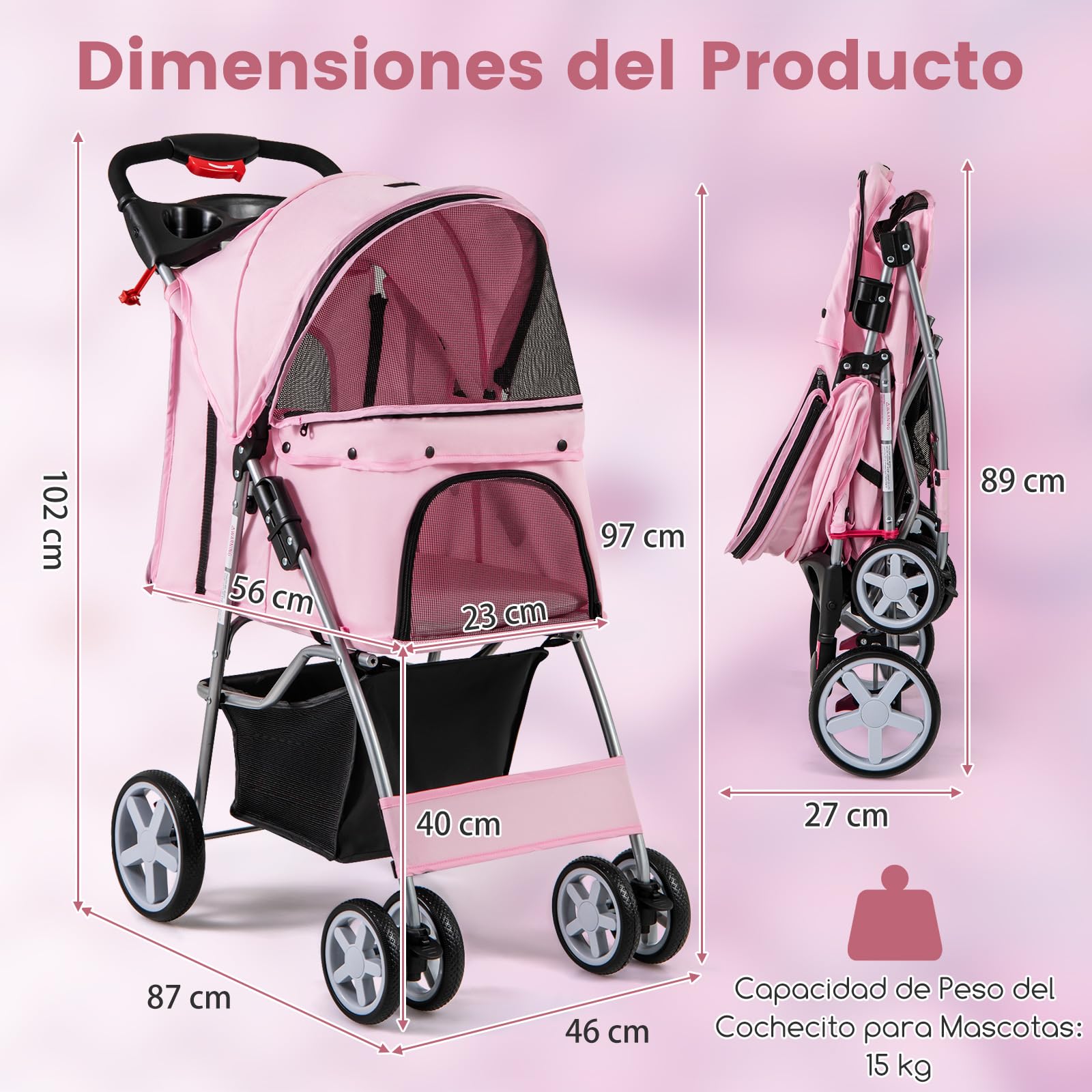 COSTWAY Cochecito para Mascotas Plegable, Cochecito de Mascotas de 4 Ruedas para Gatos/Perros, Carrito para Gatos con Cesta de Almacenamiento y Ventana de Malla impermeable (Rosado)