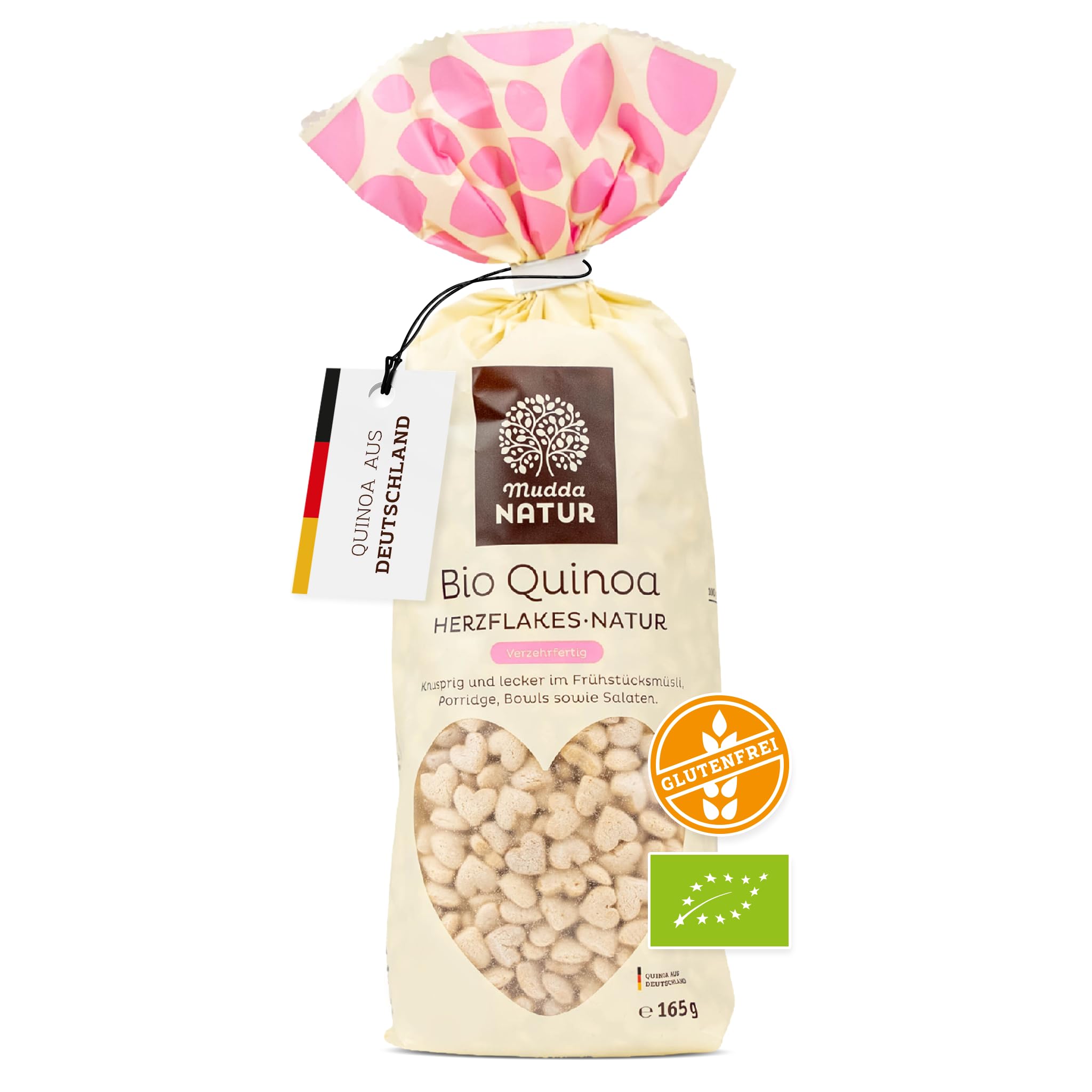 Mudda Natur Bio Quinoa Herzflakes Natur 12x165g aus Deutschland | glutenfreie Bio Frühstücksflakes aus Quinoa, ohne Zuckerzusatz, vegan, knusprig