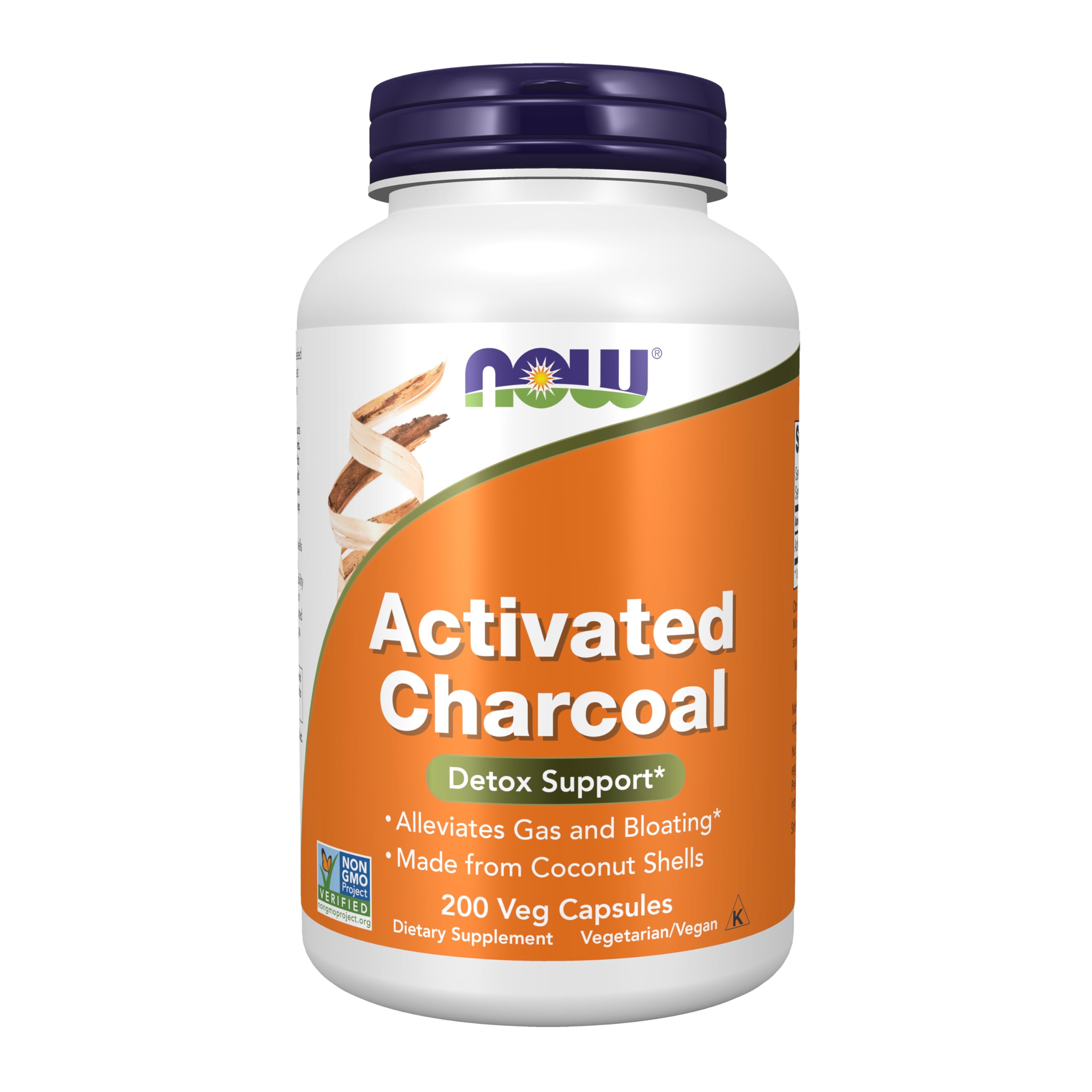 NOW Supplements, Activated Charcoal Made from Coconut Shells, Non-GMO Project Verified, Detox Support*, 200 Veg Capsules