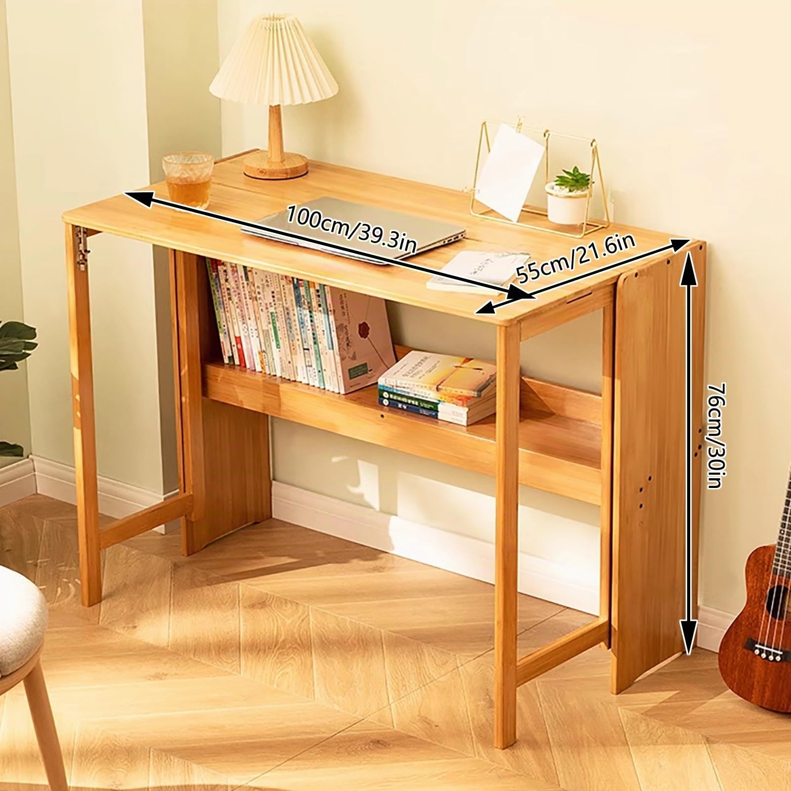 Table Pliante en Bambou Naturel, Bureau Extensible Pour Petit Espace, Avec Huche, Pour l'Étude et le Travail (Couleur Originale 100cm/39.3)