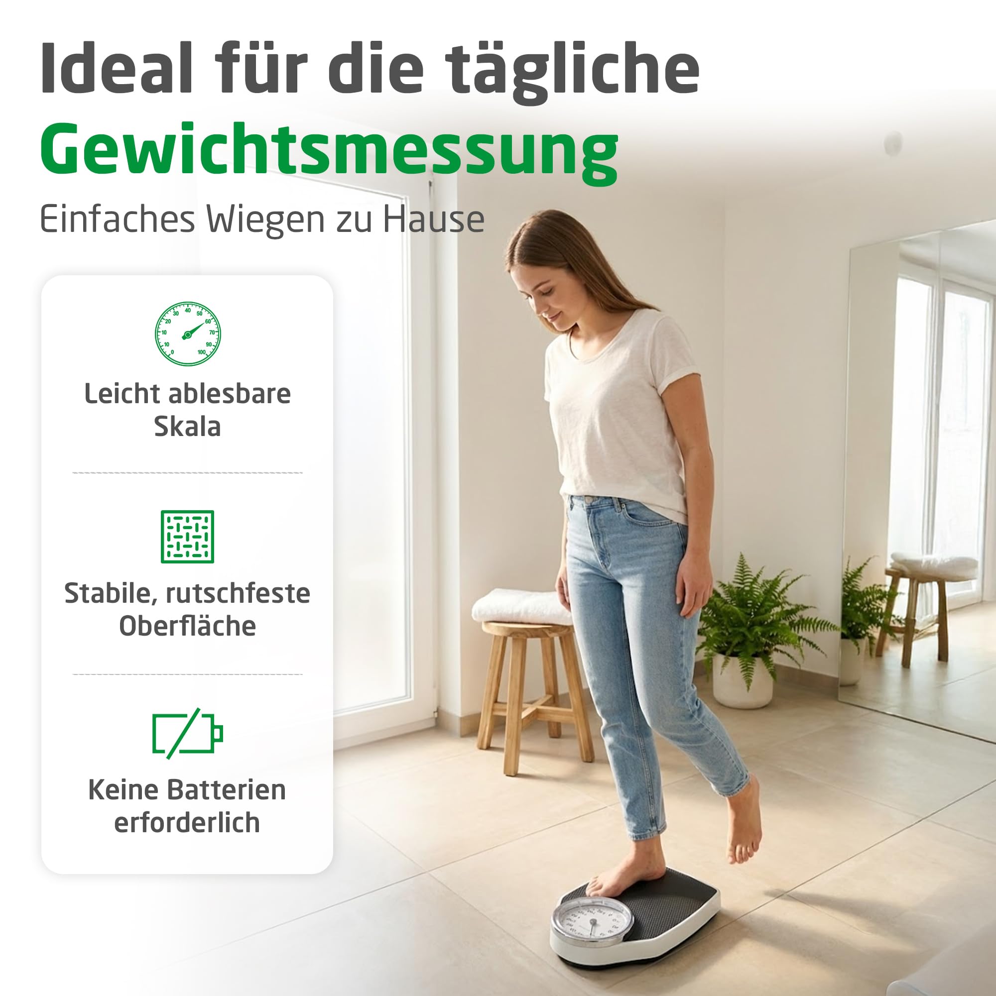 medisana PSD mechanische Personenwaage bis 150 kg, Körperwaage analog, Retrowaage im klassischem Design und großer Skala in frustfreier Verpackung und verstärkter Glasabdeckung