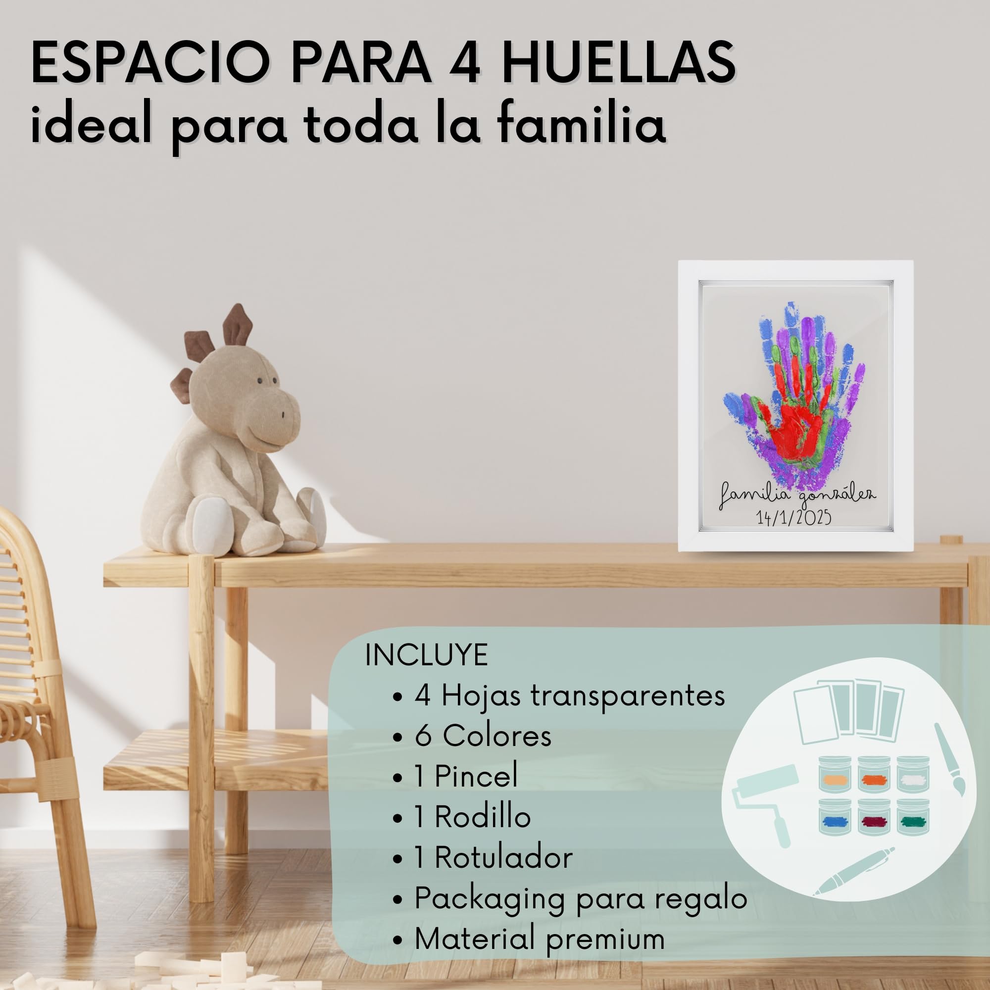 HuBorns – Kit huellas familia con pinturas, marco huellas bebé recién nacido, regalo familiar original, recuerdo padres e hijos y decoración hogar - 4