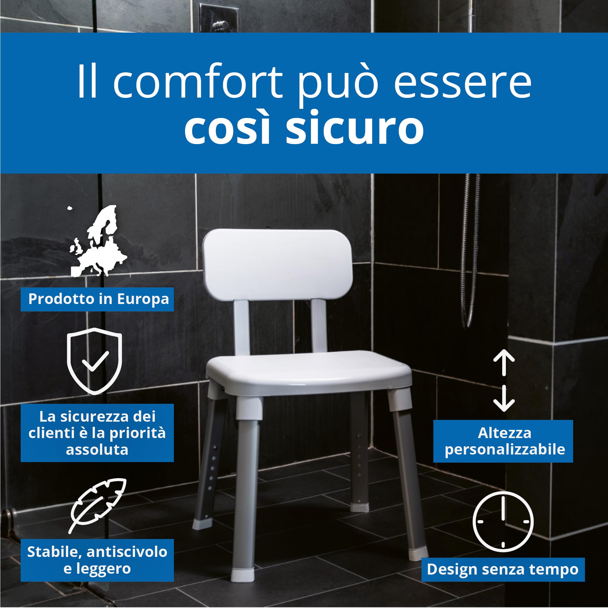 Weinberger Sedia da doccia e da bagno, con schienale, regolabile in altezza, piedini antiscivolo, modello: 43906