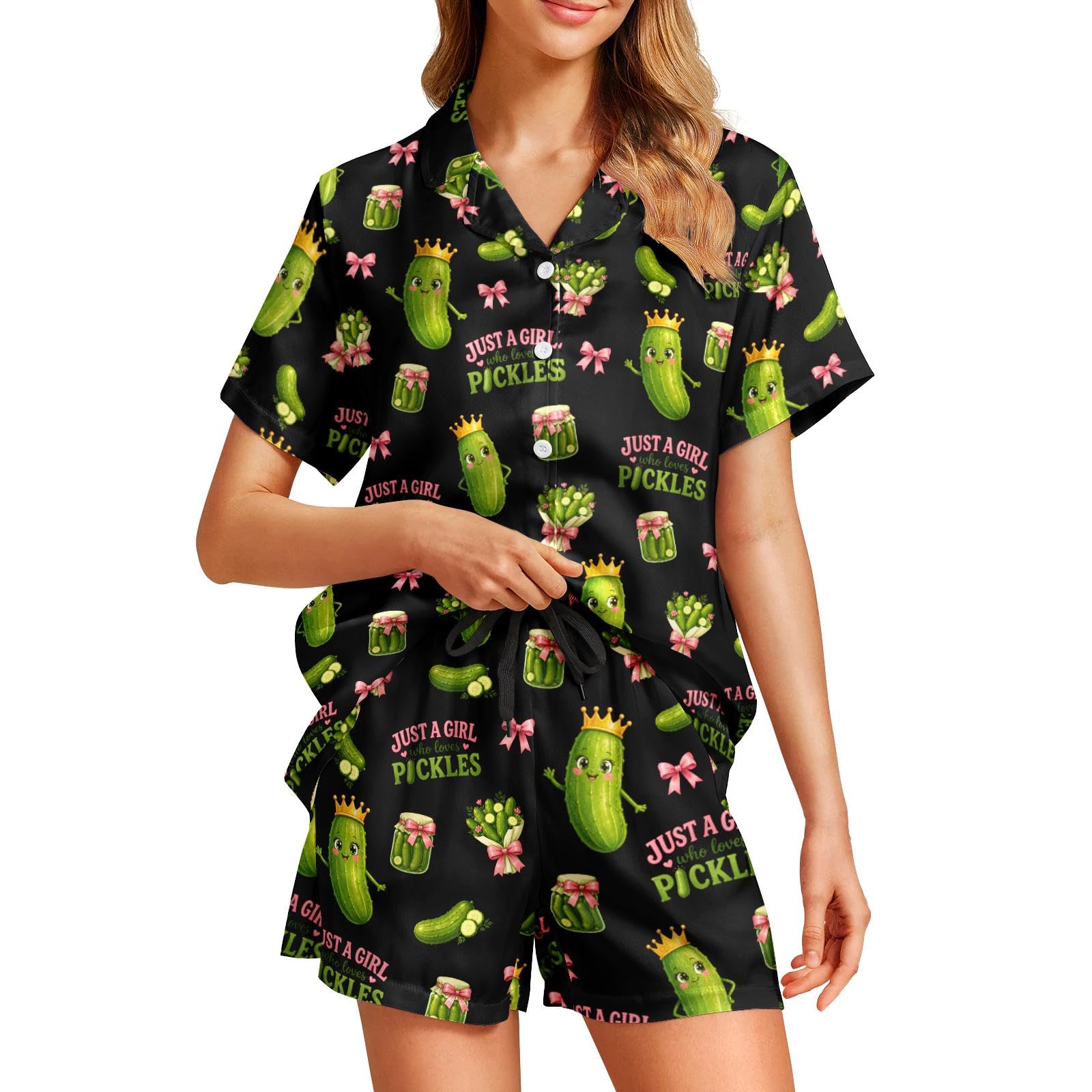 Funny Pajamas for Women Set Print Satin Loungewear Pjs Short Sleeve Button Down Top and Shorts Sets Sleepwear XS-3XL