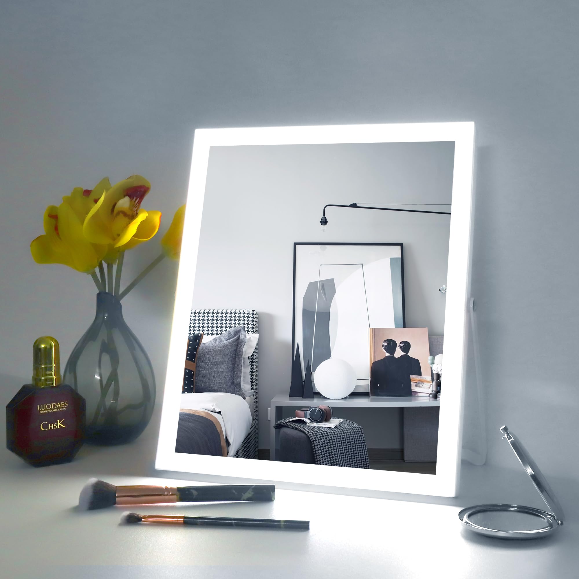 Haniyoo Espejo de Maquillaje con iluminación con conversión de luz de 3 Colores, Control táctil de 30 x 25 cm, Espejo de tocador Giratorio de 360°, con Brillo Ajustable, Espejo de Mesa con