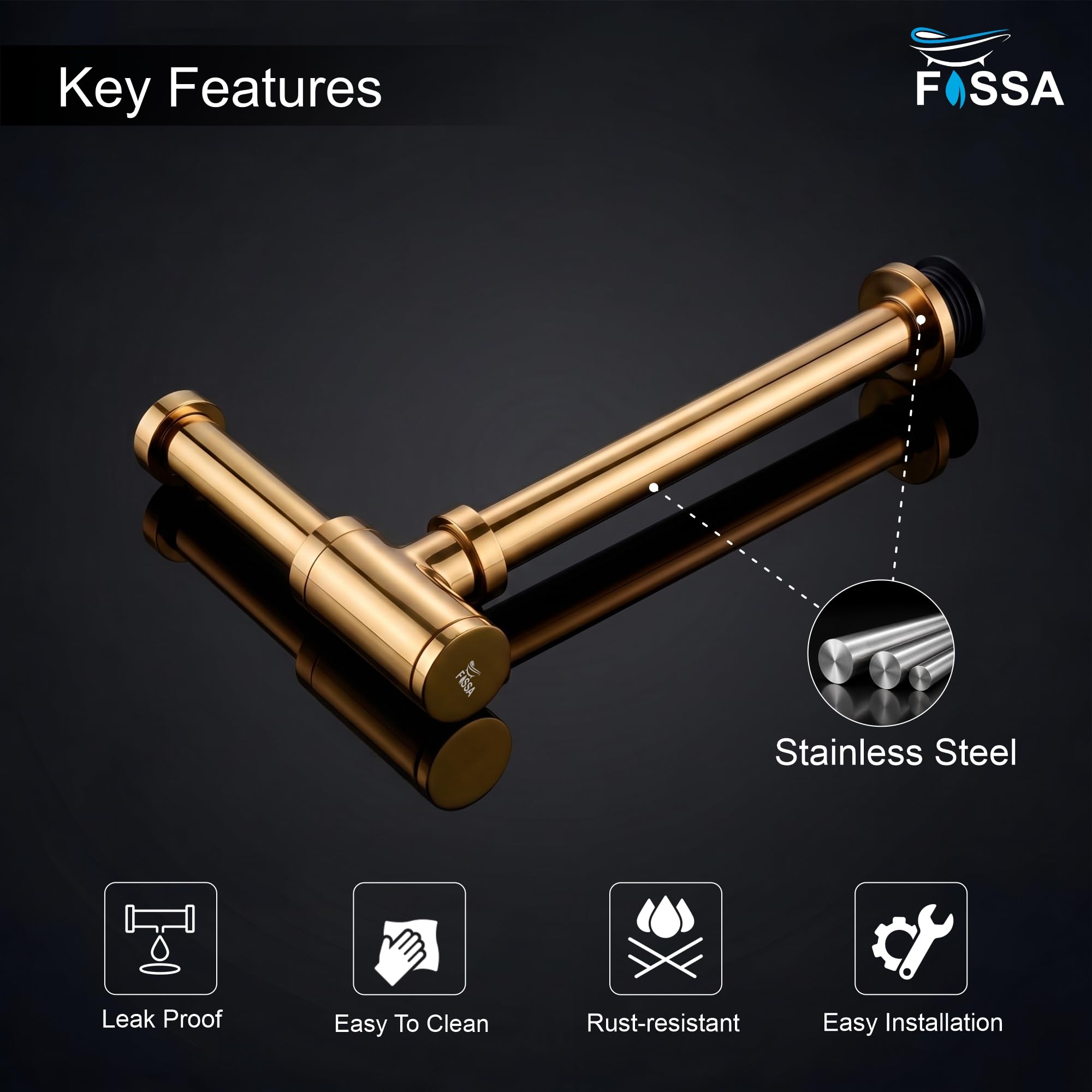 Fossa 304 Stainless Steel Bottle Trap for Wash Basin β Rust-Free Trap with 12-Inches Long Pipe | Stylish Bottle Trap Fitting for Bathroom Basin & Kitchen Sink Gold (Chrome Finish) 1