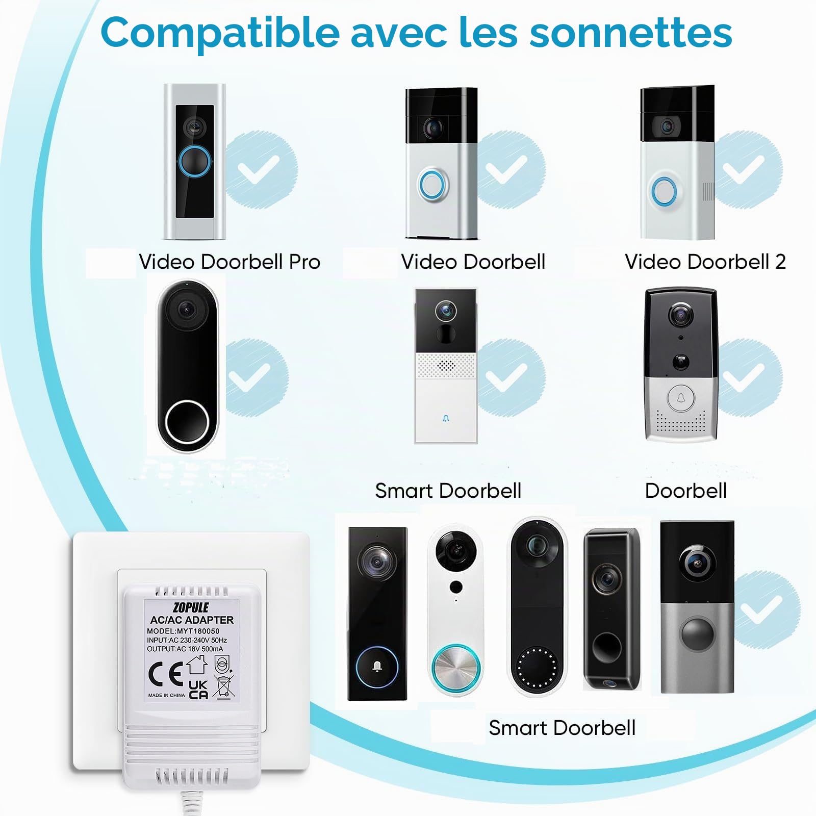 Transformateur pour sonnette vidéo 18 V 500 mA pour toutes les versions de Ring Doorbell, Nest Hello et Arlo, Eufy, Wyze Câble de 8 m (315") pour sonnette vidéo
