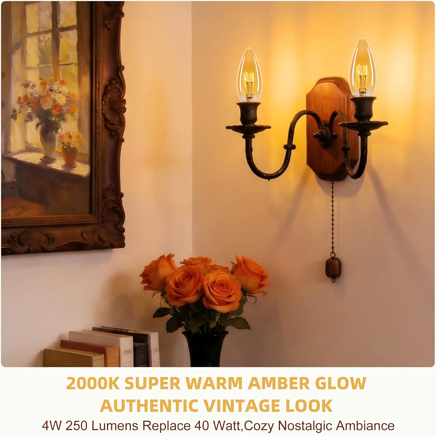 Amber Candelabra Light Bulbs 40watt Equivalent, 4W Ultra-Fine LED Filament E12 Small Base, Dimmable 2000k Warm Light, Candle Shape Chandelier Light Bulbs for Ceiling Fan,Chandelier, 6 Pack