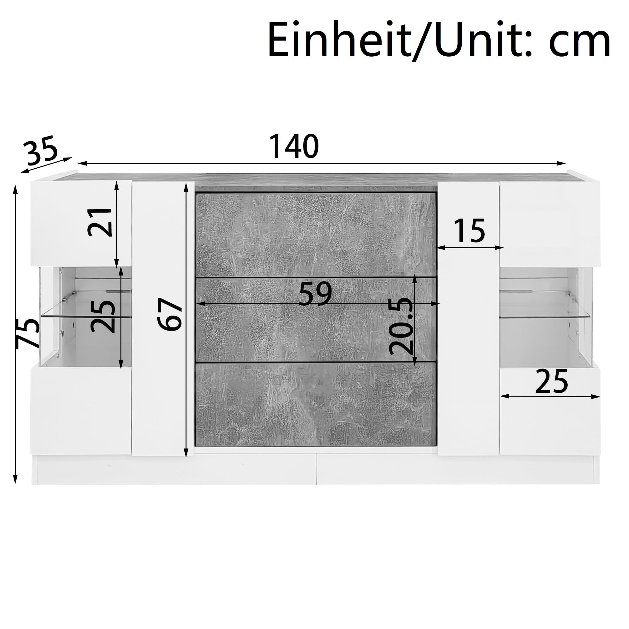 Azkoeesy Aparador 140 cm Vitrina LED Puertas Cristal 3 Cajones Mueble TV Buffet Gris Blanco Brillante