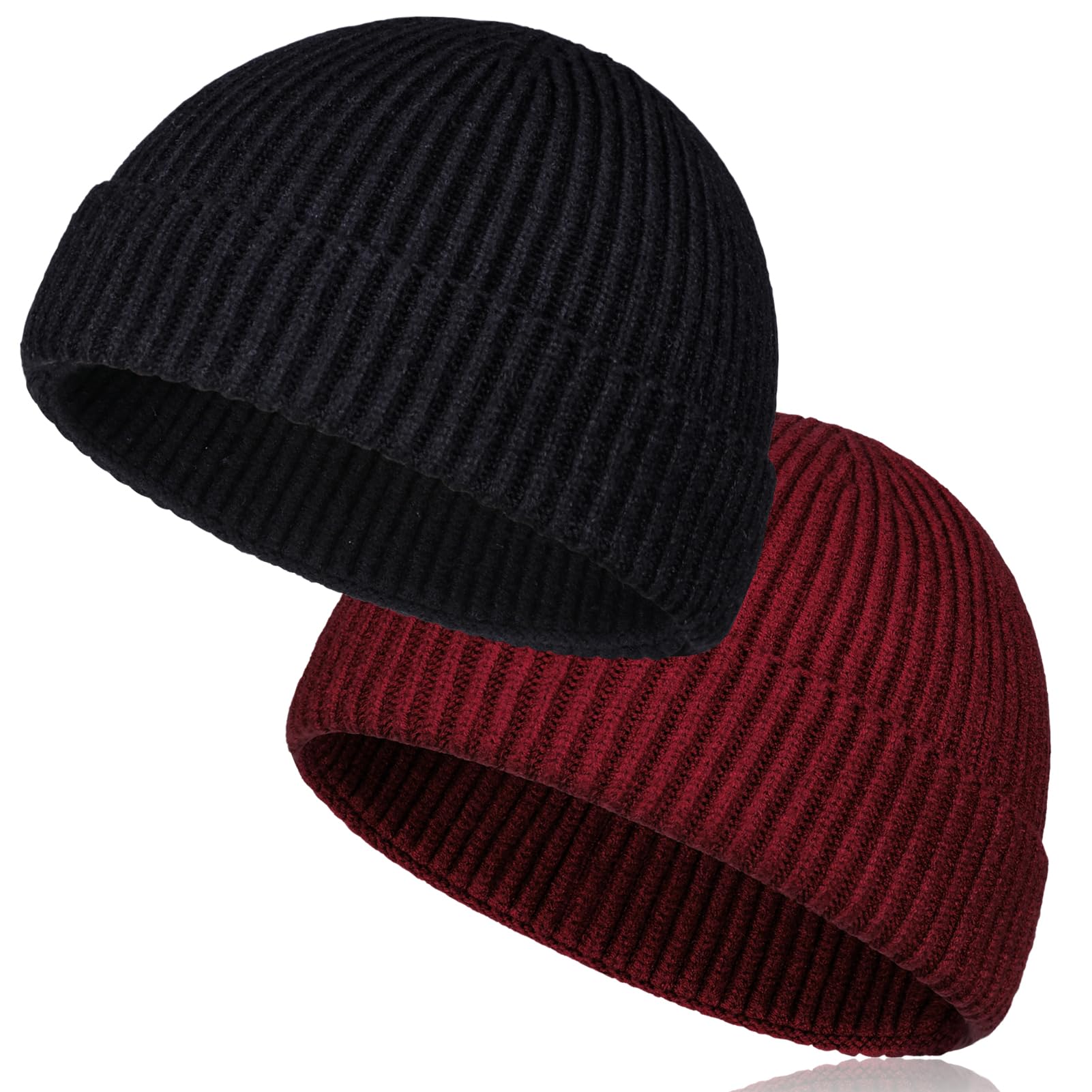 TSKNOMO 2 PCS Wool Short Fisherman Beanie for Men, Soft Knit Cuff Trawler Beanie Caps Winter Warm Hats for Women