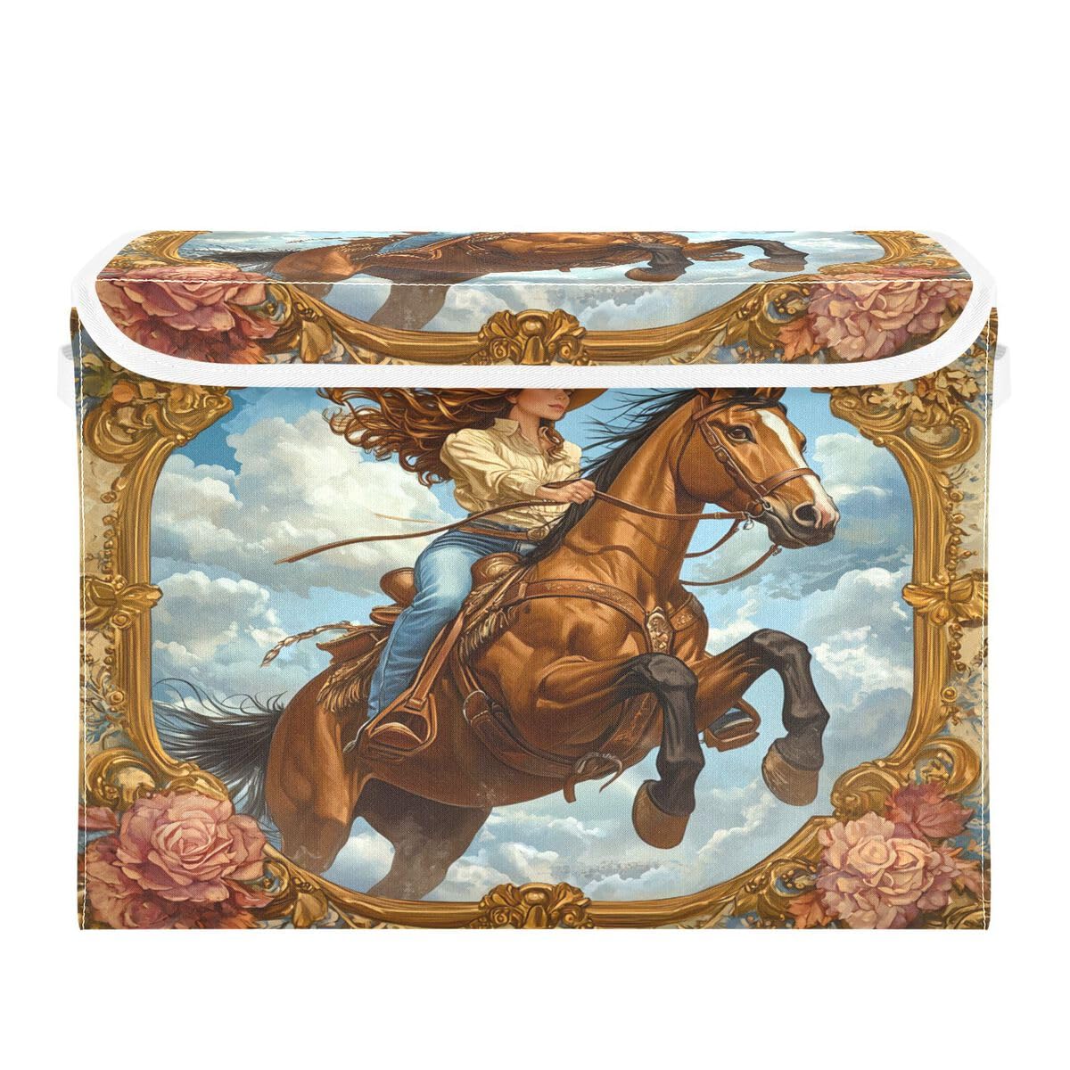 Jumbear A Beautiful Cowgirl Riding Horse Collapsible Storage Bins With Lids,Foldable Fabric Storage Boxes,Storage Basket Closet Bin For Bedroom,Office