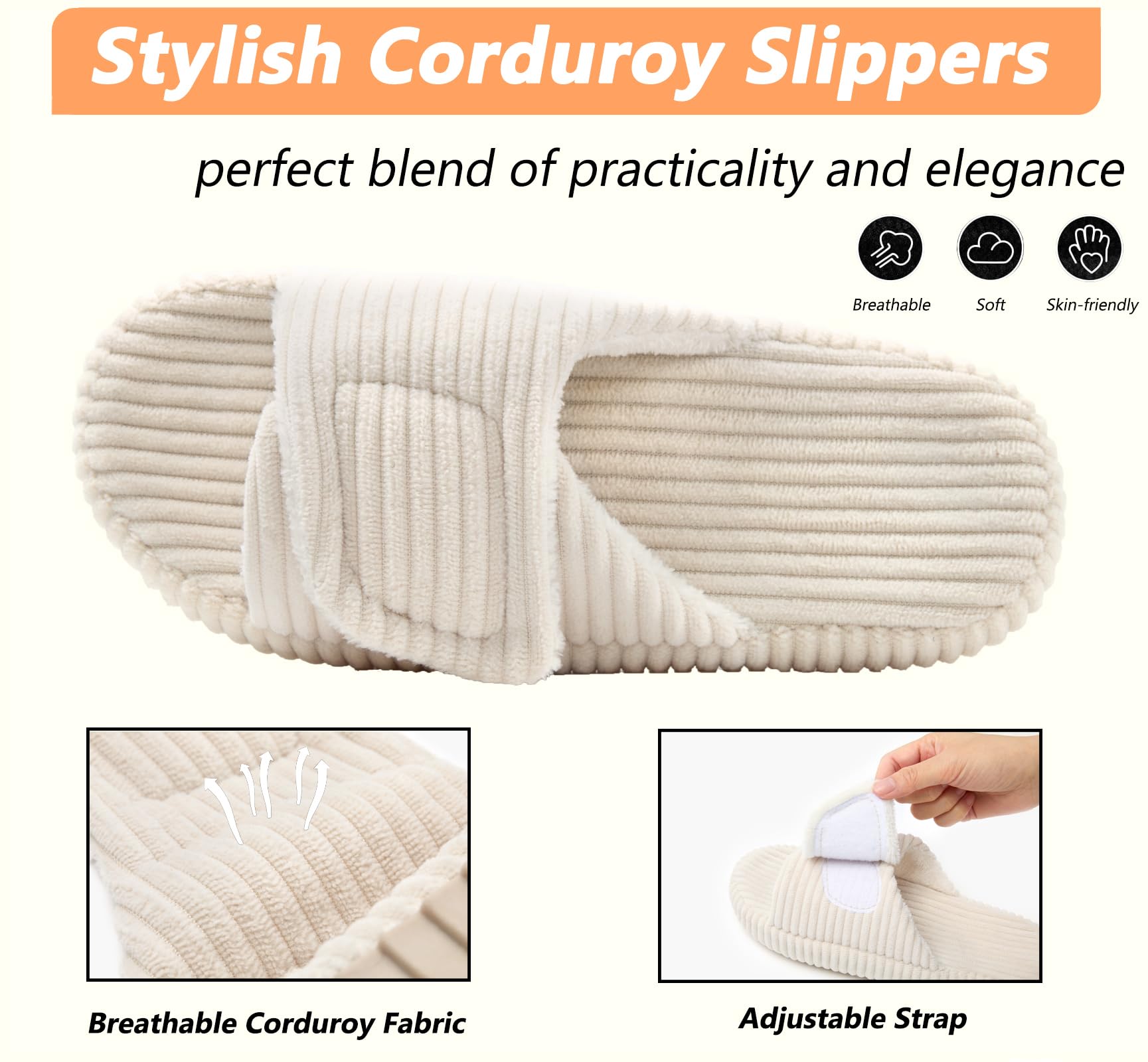 Chaussons Femme Mousse Mémoire Confortable Pantoufles Velours Côtelé Antiderapant Réglable Bout Ouvert Maison Chaussures Slippers Intérieur Extérieur