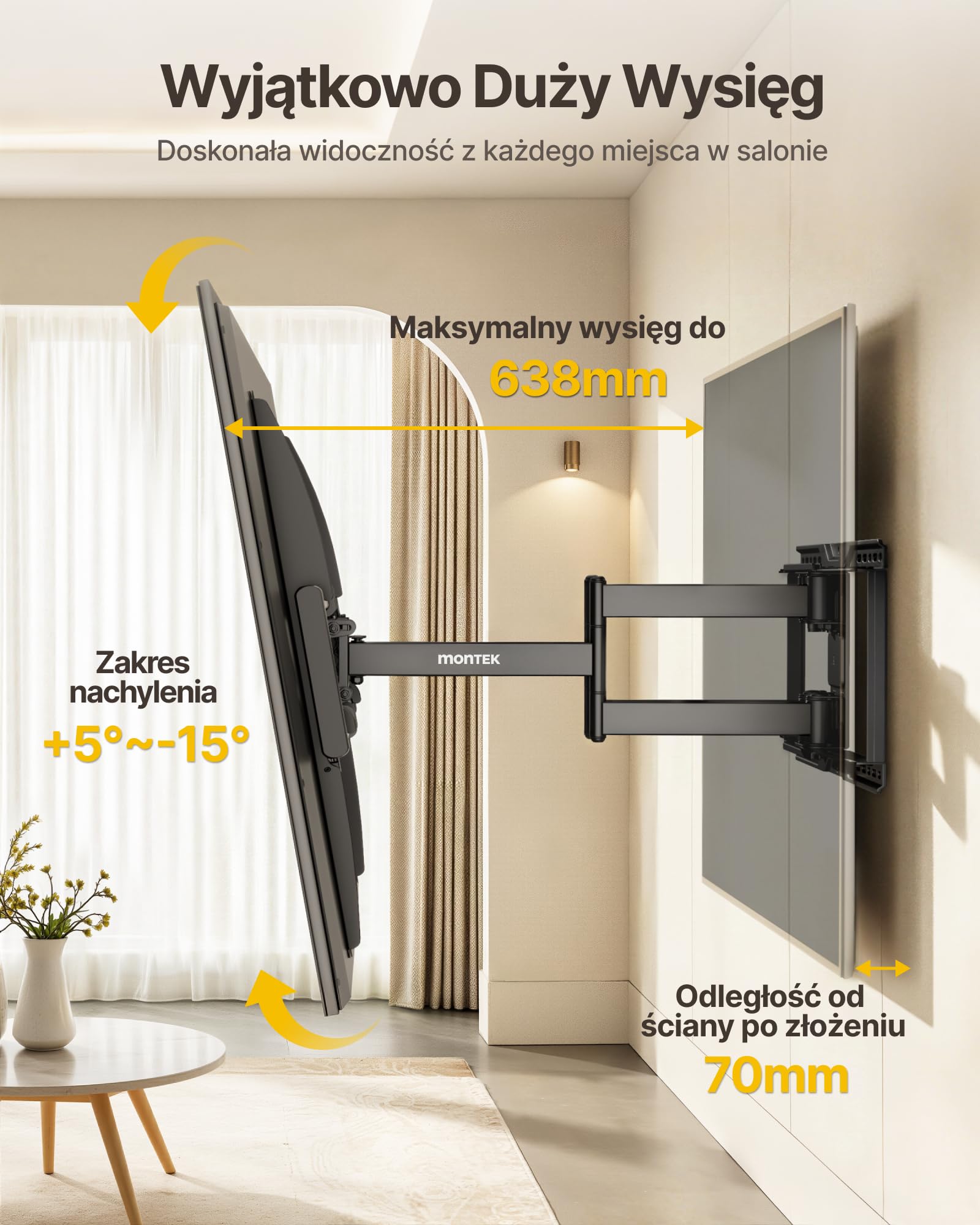 monTEK Uchwyt ścienny do telewizorów 50–100cali do 75 kg,maks.VESA900x600mm | 2026 New,Full Motion,Heavy Duty,Extended 638mm Dual Arm,Tool-Free Tilt & Swivel,Easy Assembly,Tools included
