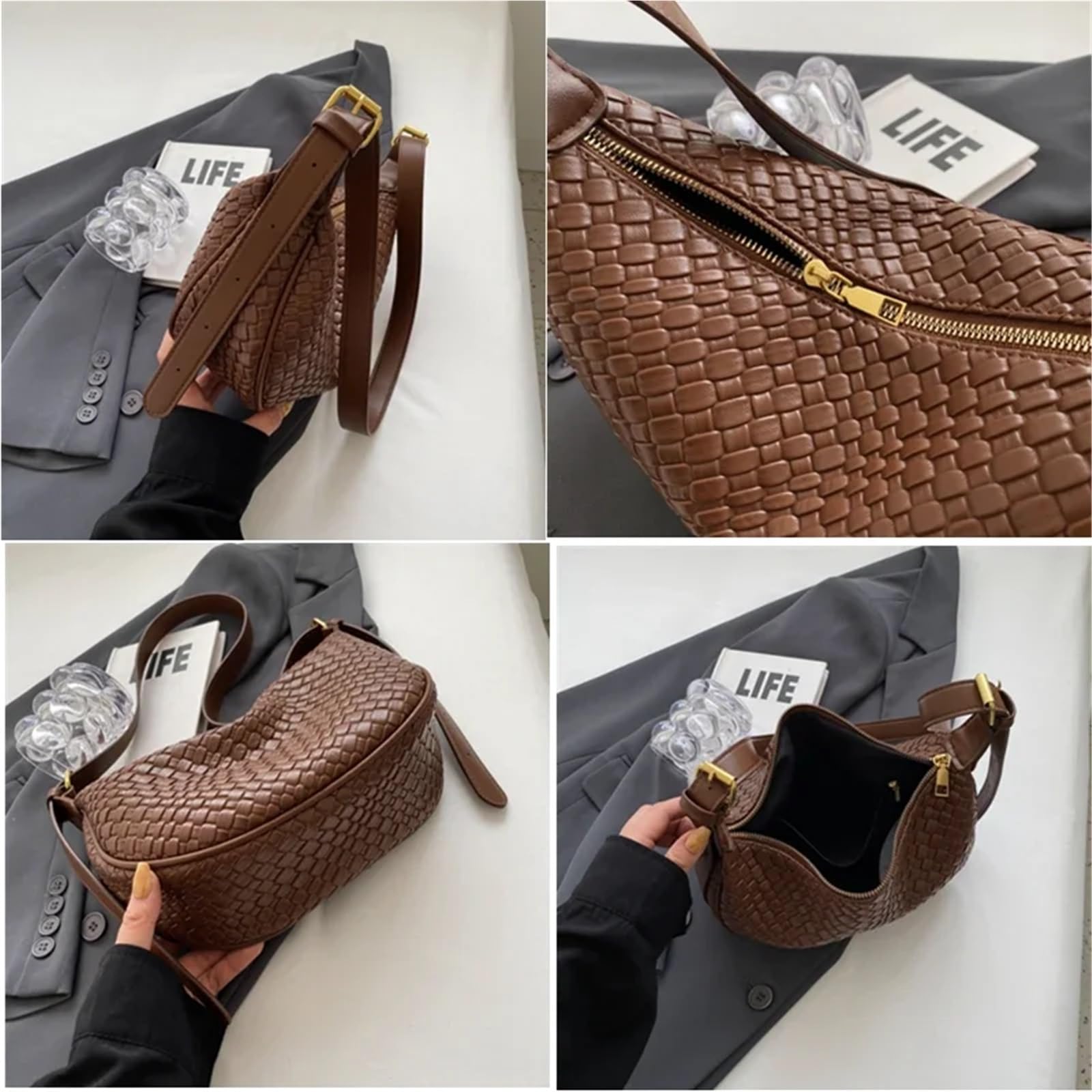 Bolso de Mano de Gran Capacidad for Mujer, Bandolera de Hombro Elegante de Cuero Suave, Bolso Cruzado for Mujer, Bolso de Mano de Grano Tejido Adecuado para Viajar, Fiesta, Trabajo(White)
