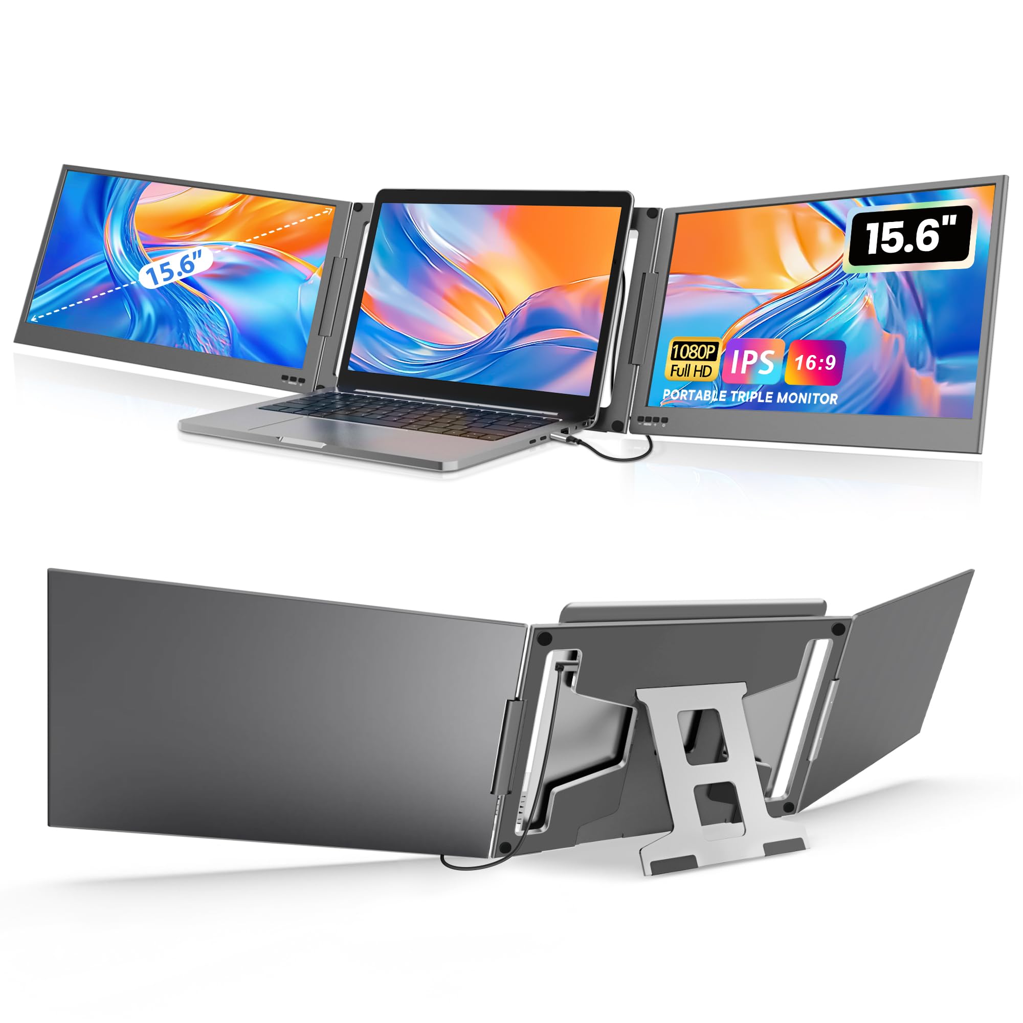 KPKUE 15.6" Laptop Screen Extender, FHD One Cable Monitor Extender, Dual Screen IPS Triple Screen Monitor Fits with 12''-16'' Laptop Compatible Mac Windows Chrome