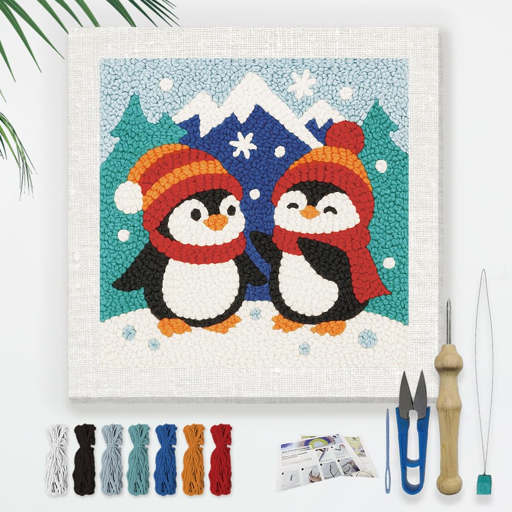 DOODLREAM Cute Penguins DIY Punch Needle Embroidery Kit for Adult Beginner, 24 x 24cm Animal Punch Stitching Craft Set for Starter with Wooden Frame, Fabric Pattern, Threader, Yarn, Punch Needle โ image 1