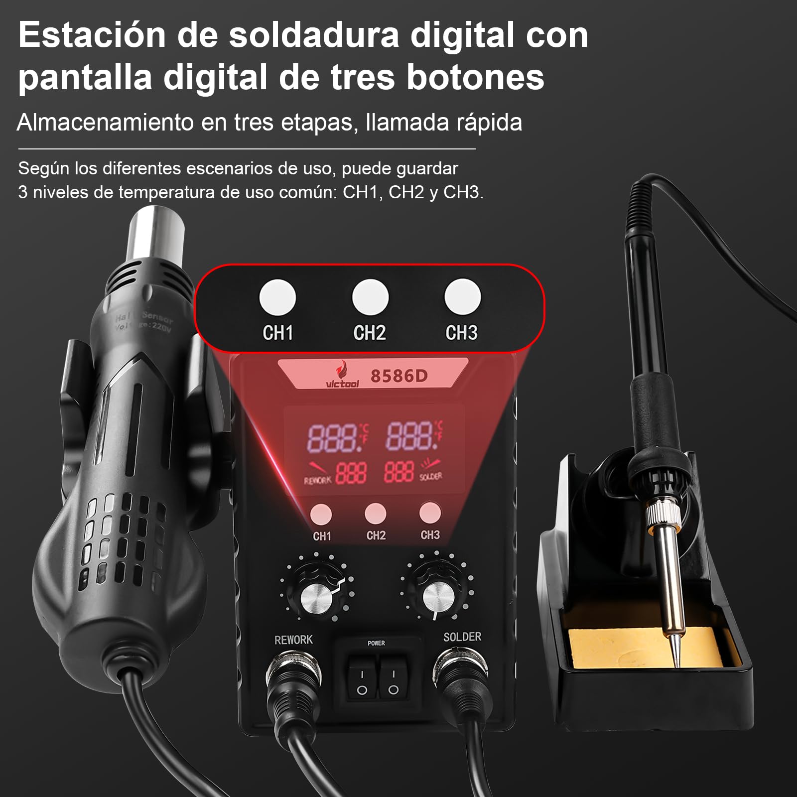 2 en 1 Conjunto de Estación de Soldadura 760W, Pantalla Digital 180-500°C Soldador +Pistola de Aire Caliente 8586D, Herramienta de Desoldadura Y Reparación, para Componentes Electrónicos