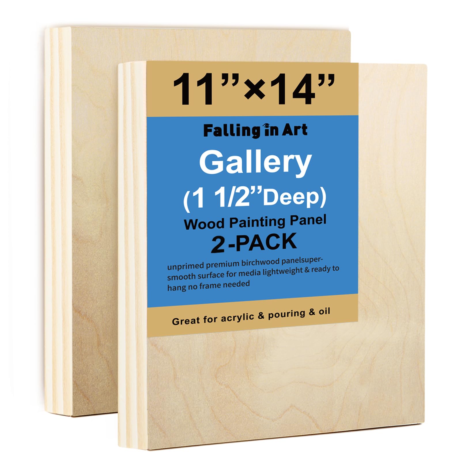 Sponsored Ad - Falling in Art 2 Pack Unfinished Wooden Canvas Panels, 11x14 Gallery Birch Wood Panels Kit, 1 1/2" Deep Art Cradle Boards for Acrylic Painting, Pouring and Burning