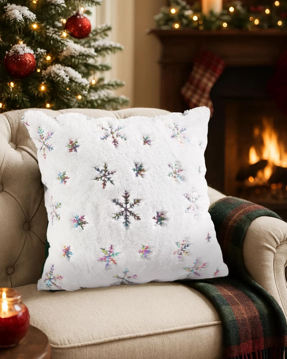 Christmas Pillow Covers 18x18 Inch - Set of 2 Embroidered White Christmas Throw Pillow Cases Soft Plush Faux Fur Snowflake Xmas Decorations Winter Holiday Decor for Home Bedroom Sofa