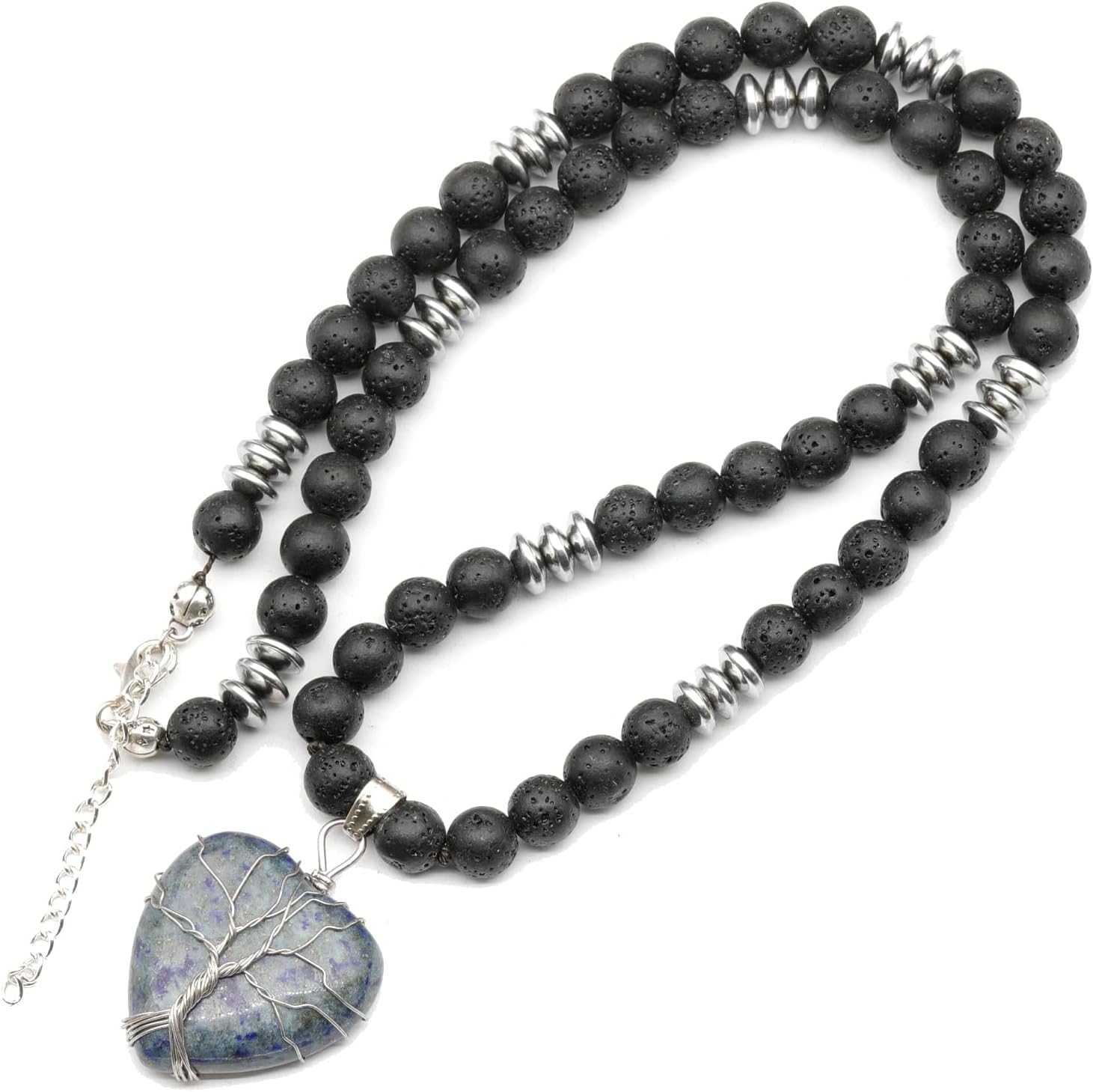 ElisaJewelryArt - Natural Amethyst Heart Pendant Black Lava Stone Beaded Necklace Genuine Gemstone Feng Shui Stone Clasp Closure Necklace Unisex Necklace