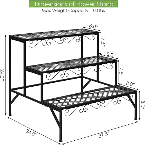 Miniatura 5 de Giantex Soporte de metal negro para plantas de 3 niveles, soportes de metal para plantas con 6-9 soportes de capacidad en maceta, estante de