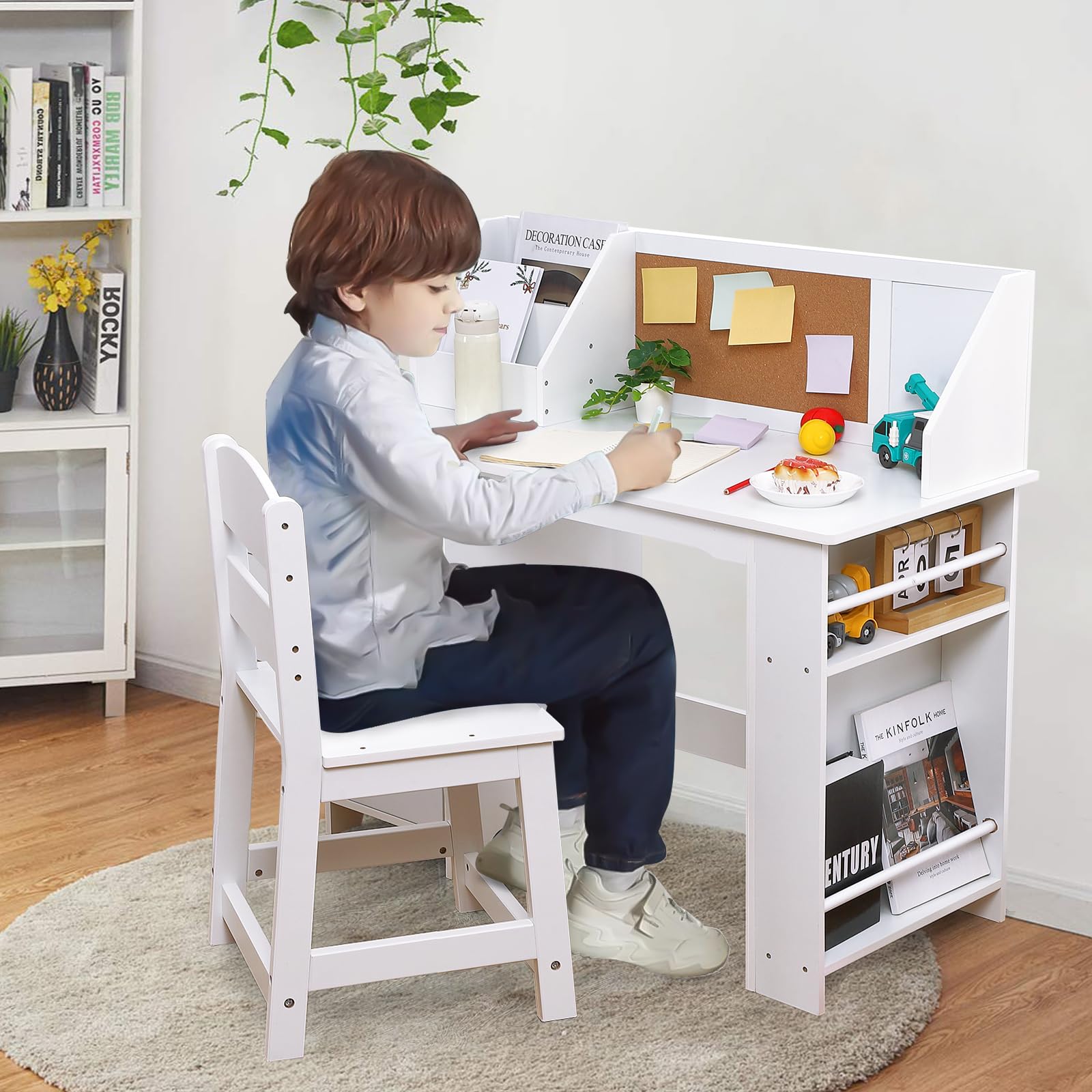 Garvee Ensemble Bureau et Chaise pour Enfants, Bibliothèque, Table et Chaise en Bois avec Étagère de Rangement, Table d'étude pour Chambre Enfant de 3 à 8 Ans