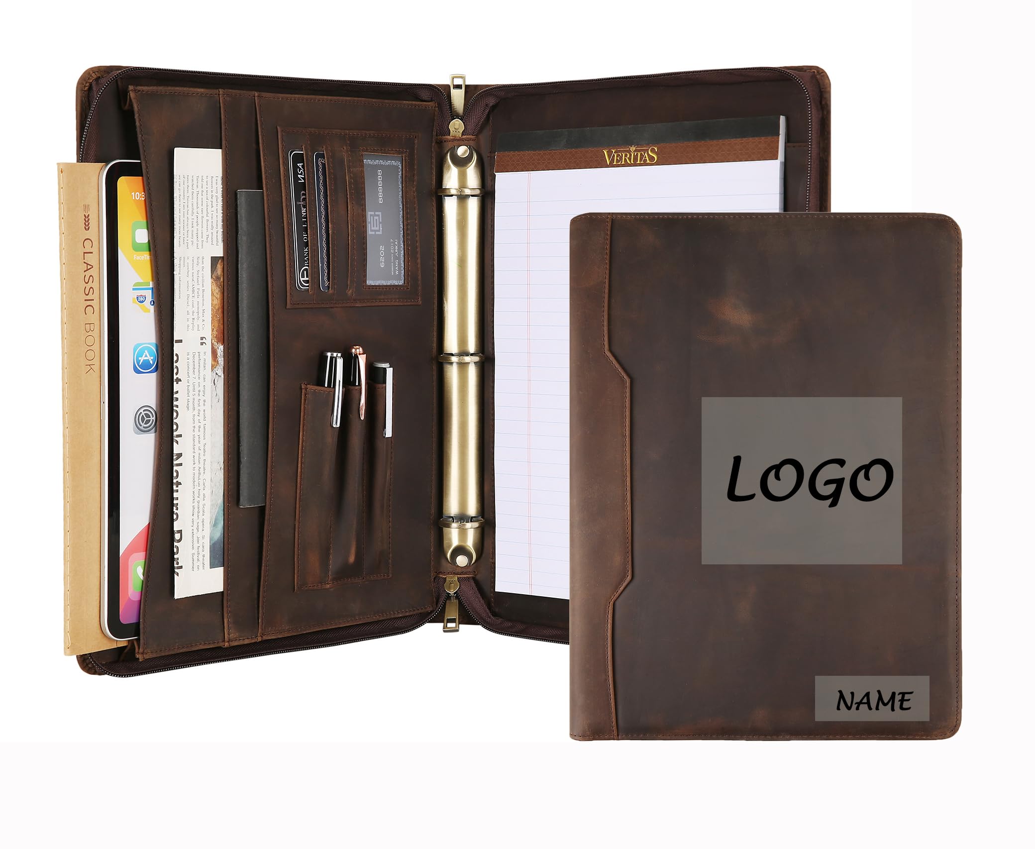 Personalized Leather Binder 3 Ring, Business Leather Portfolio Organizer for Men, Letter Size Leather Notepad Writing Pad, Leather Padfolio Folder Portfolio Binder for Women (Dark Khaki, Custom)