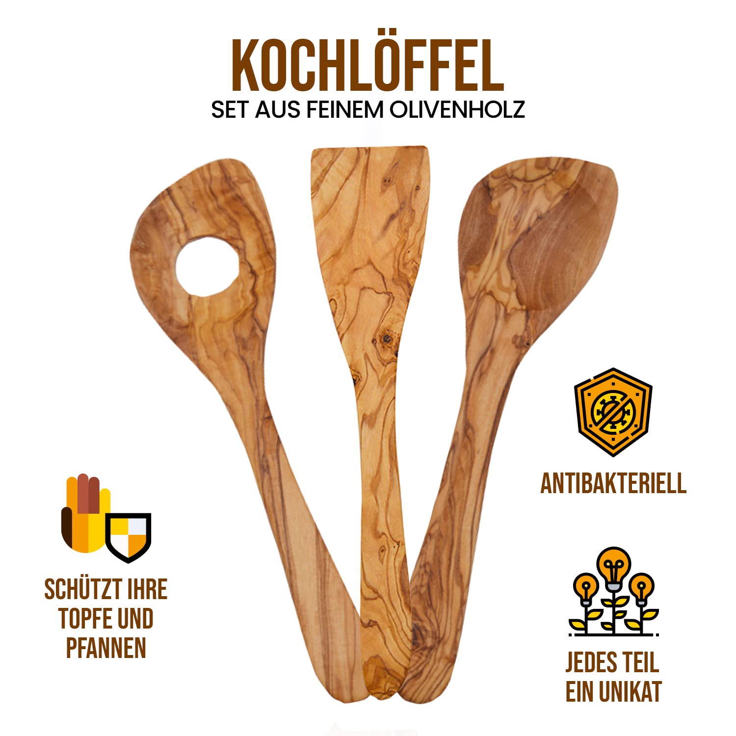 Set di 3 utensili da cucina in legno d'ulivo, cucchiaio in legno e cucchiaio, 30 cm e 20 cm, incluso