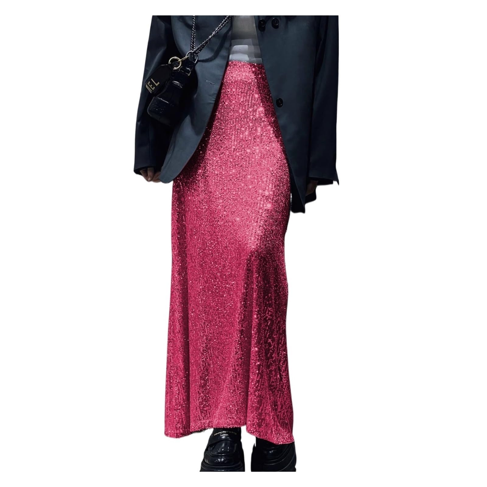 Falda Lentejuelas Faldas for Mujer, Falda Larga Lisa con Lentejuelas, Falda Femenina Elegante de Cintura Alta, Ropa de Calle de Vacaciones for Mujer(Rose Red,L)
