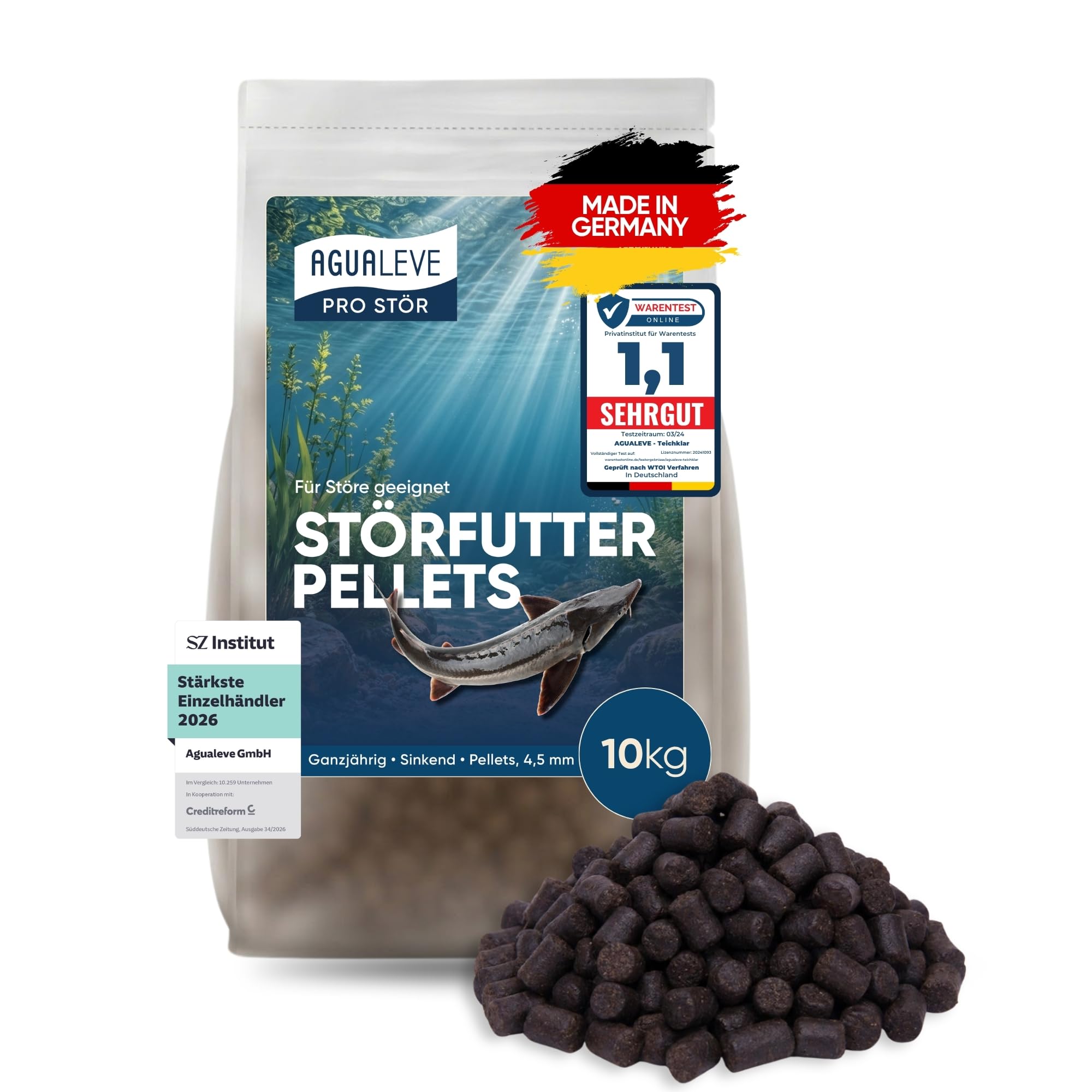 PRO STÖR Störfutter Pellets 15 L (ca. 9,3 kg) – ganzjährig | sinkende Pellets 4,5 mm | für Störe | wasserstabil & attraktiv | Vitamine, Mineralstoffe, Spurenelem