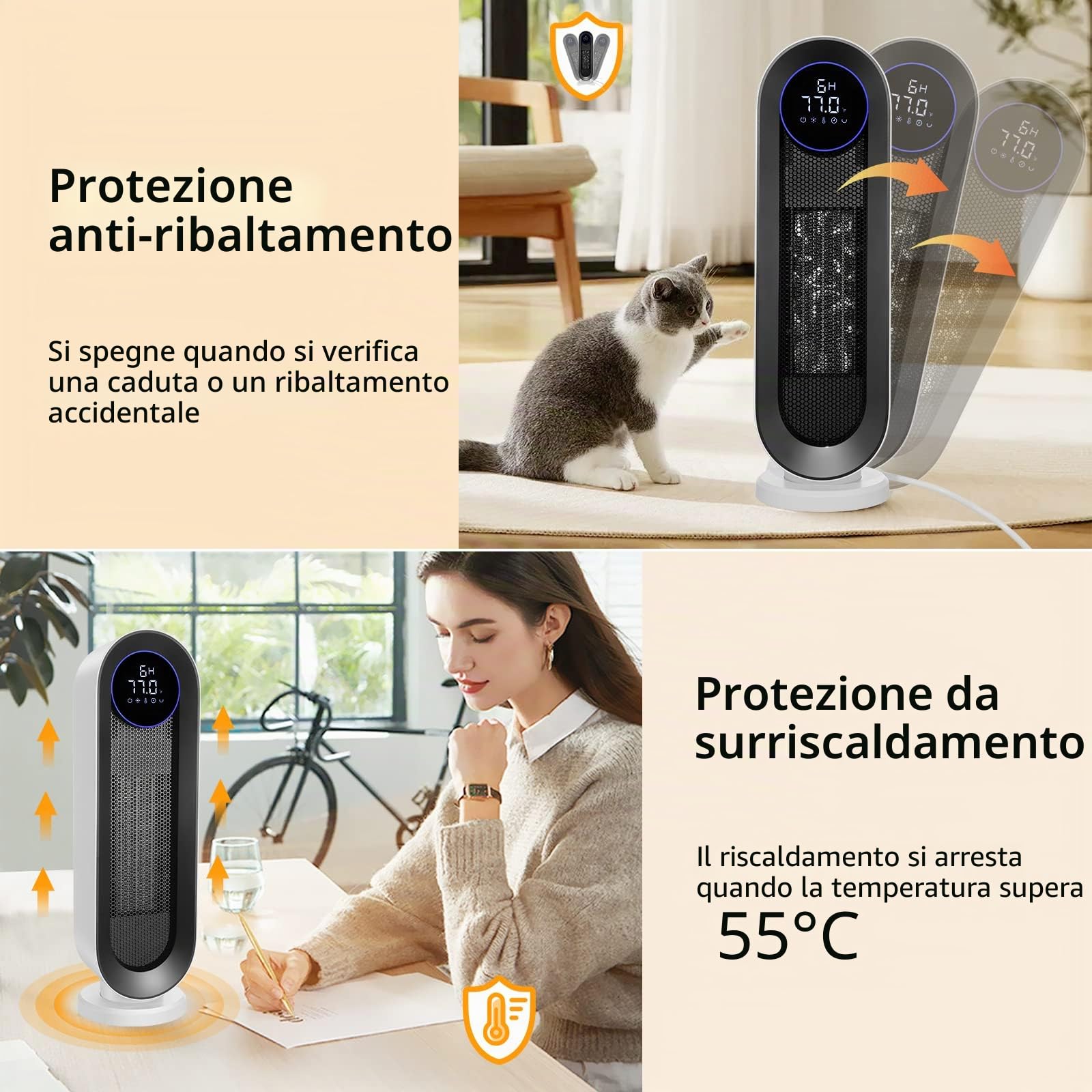 Nictemaw Termoventilatore in ceramica, a risparmio energetico, 2000 W, con termostato, telecomando, 3 modalità, timer 12 ore, oscillazione 100°