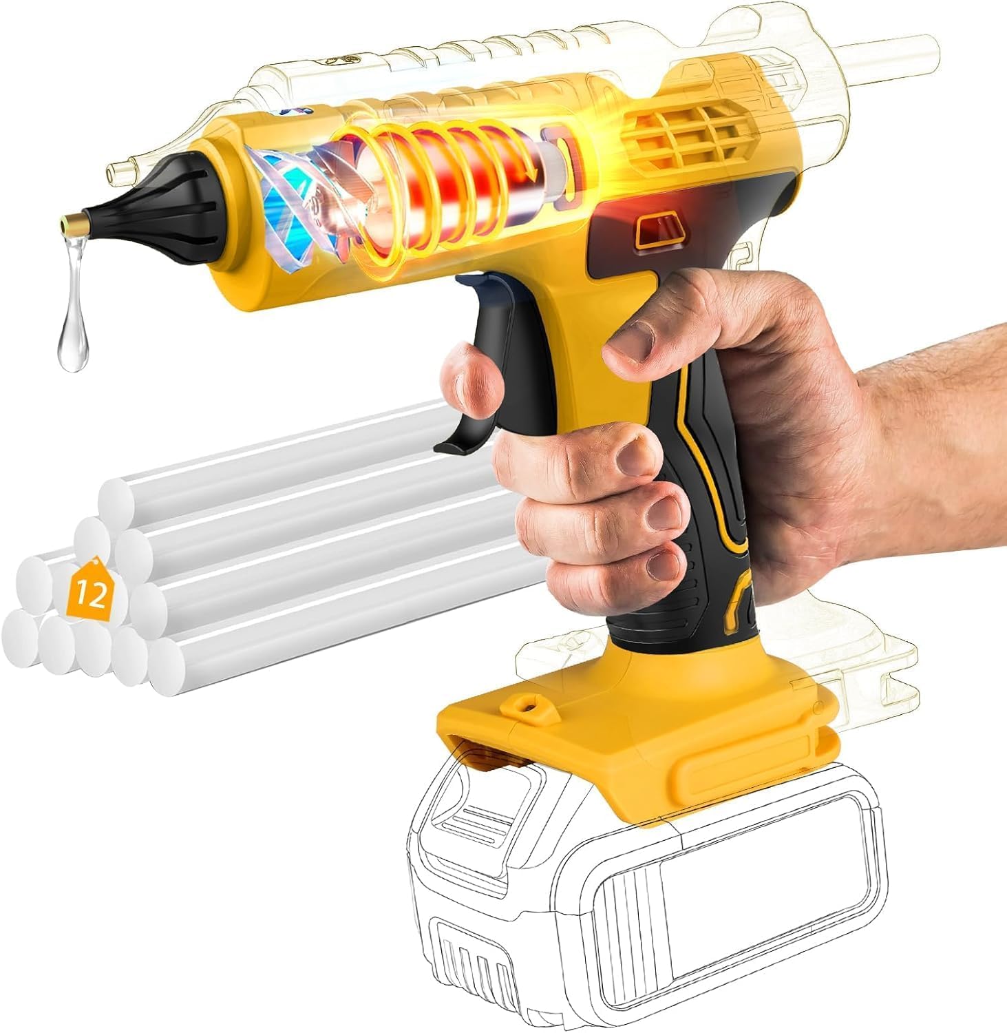 Pistolet à colle chaude sans fil 100 W pour batterie DeWalt 20 V (sans batterie), kit de pistolet à colle chaude sans fil pleine taille avec 12 grands bâtons de 1,1 cm pour travaux manuels et