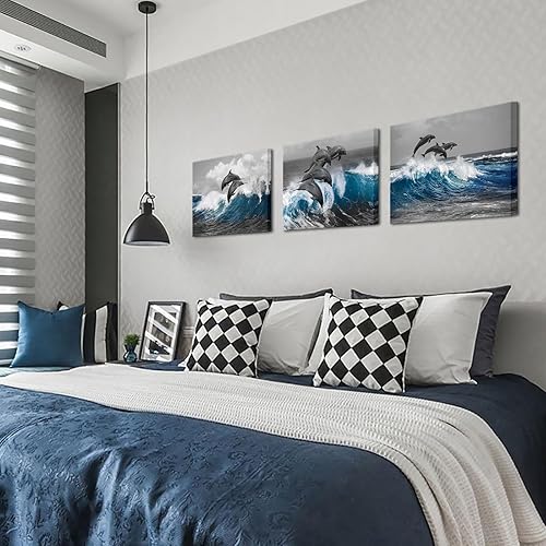 Miniatura 4 de Biuteawal 3 piezas de arte de pared de delfín gris azul océano océano animal imagen decoración de baño pintura marina impresiones sobre lienzo