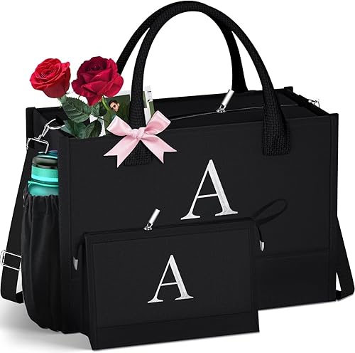 Bolsa de lona negra con inicial y bolsa de maquillaje con correa ajustable con cremallera, bolsa de regalo personalizada para mujeres cumpleaños