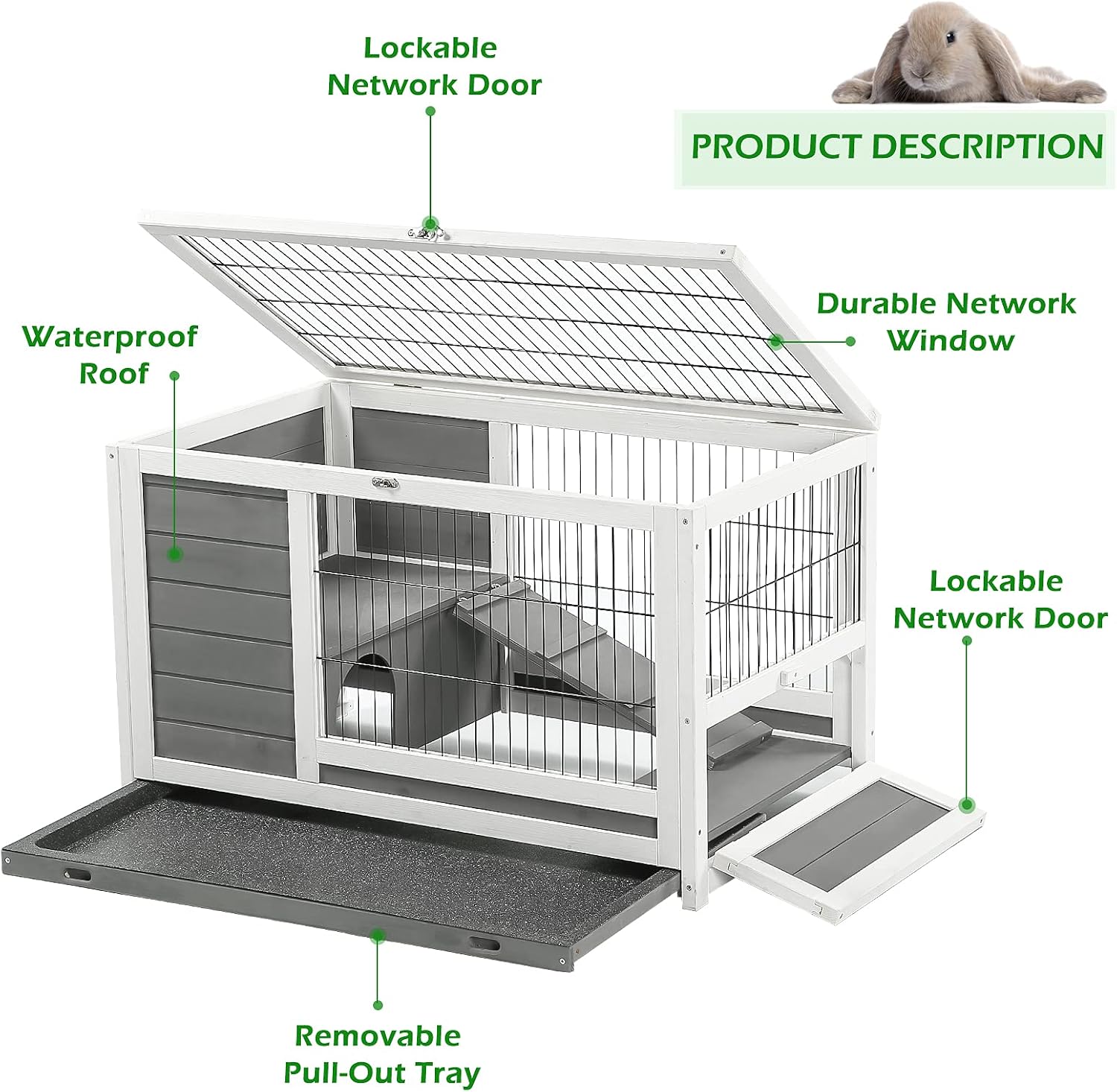 Esright Rabbit Hutch Pet House for Small Animals 35.4" Guinea Pig House Rabbit Cage with Run Bunny House Indoor & Outdoor