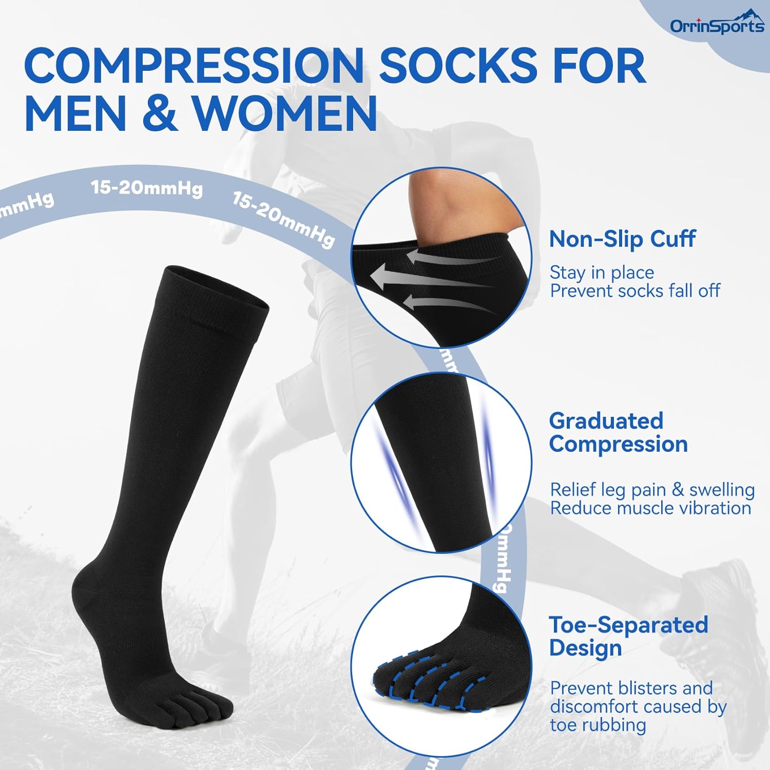 Compression Toe Socks Knee High Moisture Wicking Hiking Socks Graduated Support for Running,Nurses,Flight