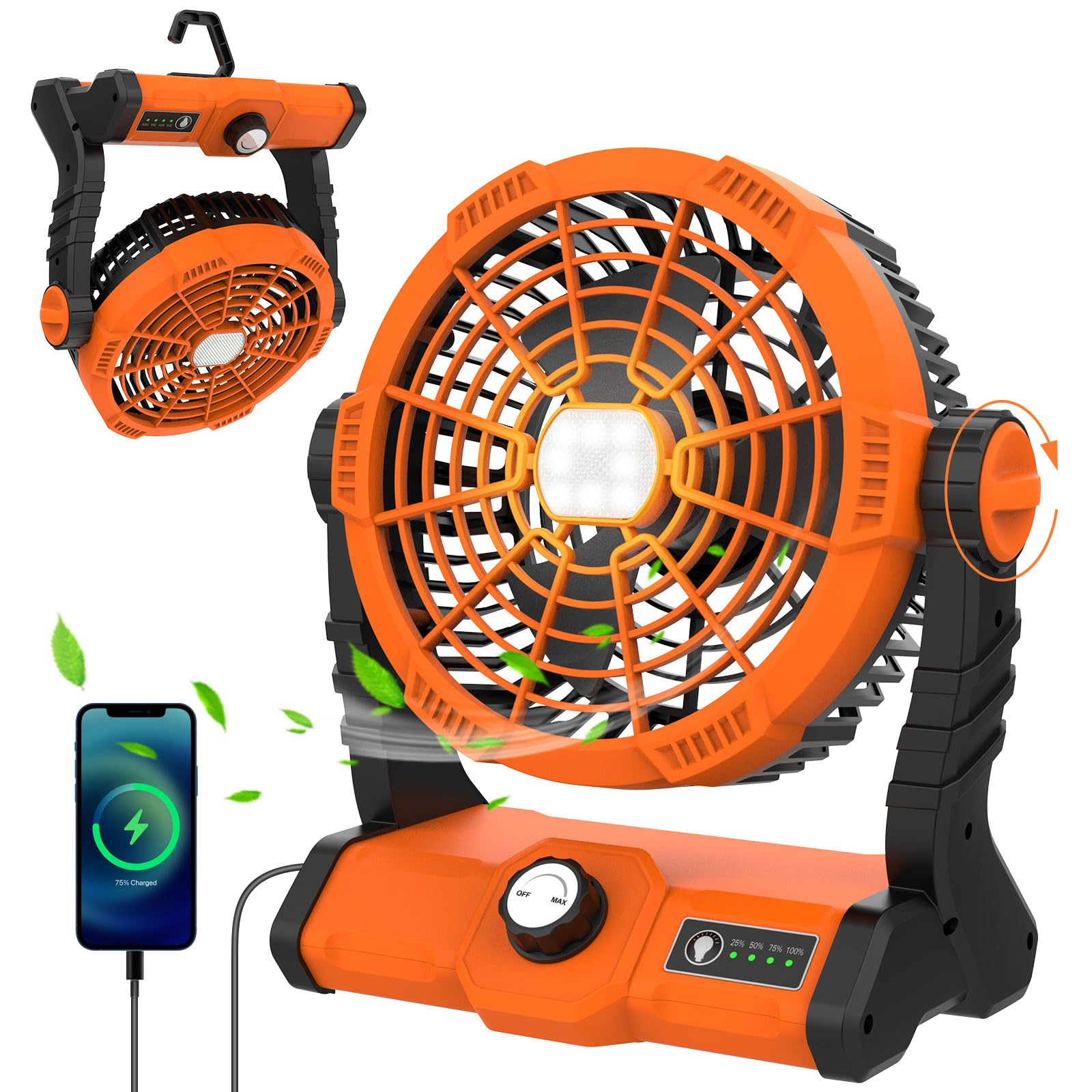 ErayLife Ventilatore da Campeggio Ricaricabile Con Batteria da 8400 mAh, Luce LED Portatile, Ventilatore USB, Rotazione di 270°, Veloce, Adatto per Tenda, Viaggi, Lavoro, Pesca, Uragano, Outdoor