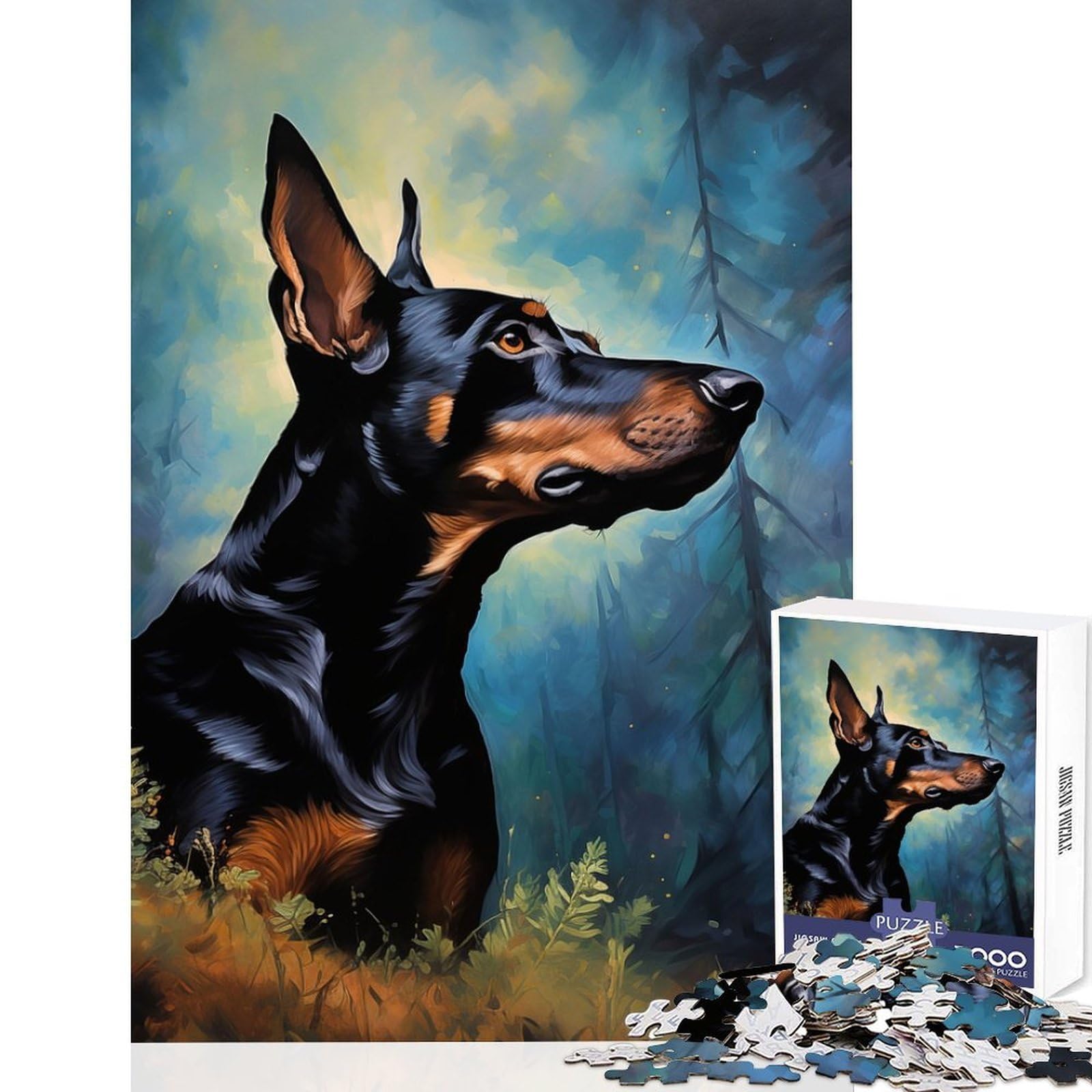 Magical Dobermann Adult Jigsaw1000 Pieces Brain Memory Game Laser Cut for Flawless Fit Bonding Activity for Loved Ones 38x52cm